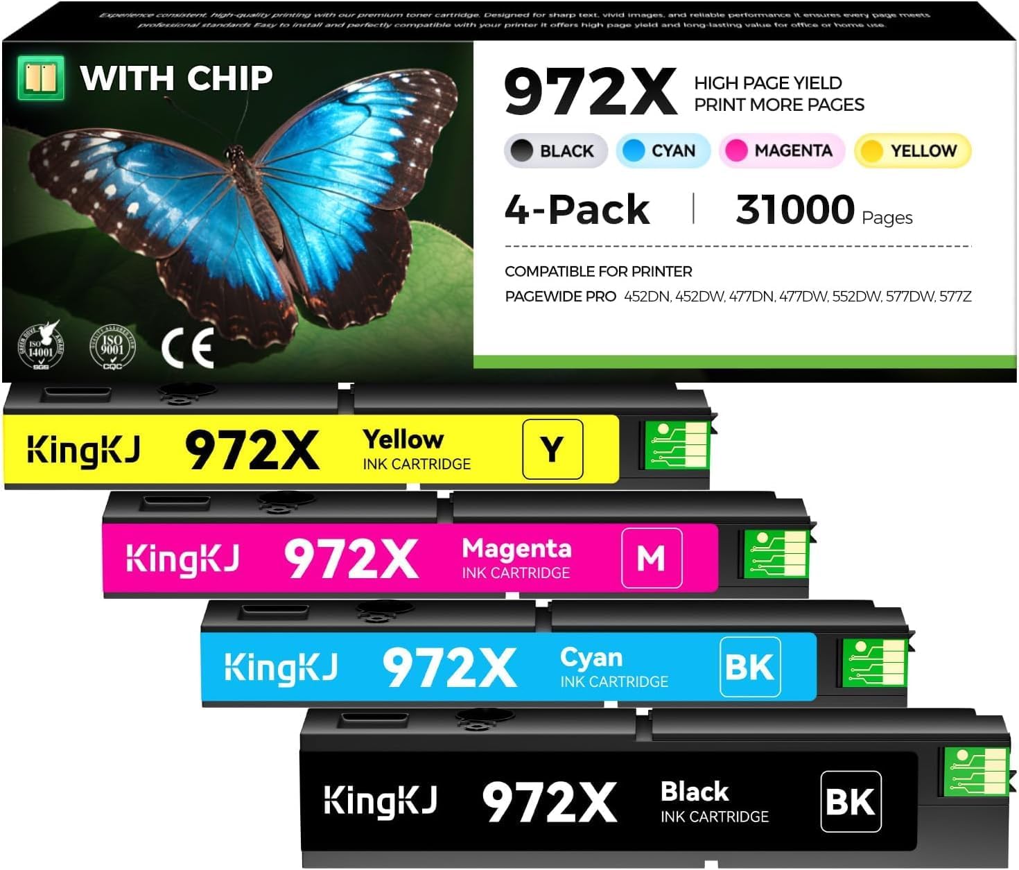 972X Ink Cartridges High Yield 4-Pack with chip Compatible Replacement for HP 972X 972A 972 use with HP Pagewide Pro 477dw 577dw 477dn 452dn 452dw 552dw 577z P55250dw Printer Black Cyan Magenta Yellow