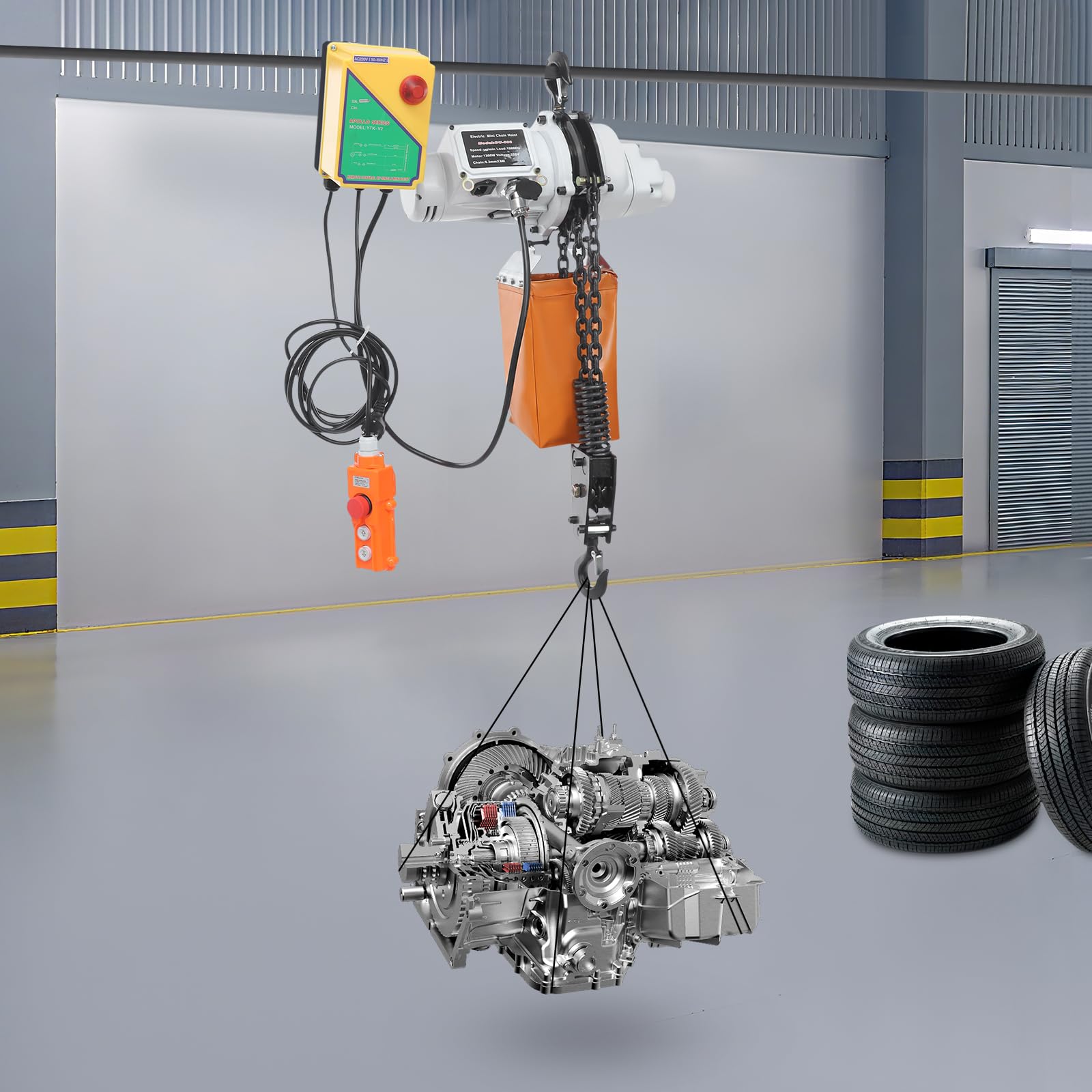 Paranco a catena, 1000 kg, cavo elettrico 1300 W, altezza di sollevamento 6 m, telecomando senza fili, protezione IP40, per officina e industria (bianco, arancione)