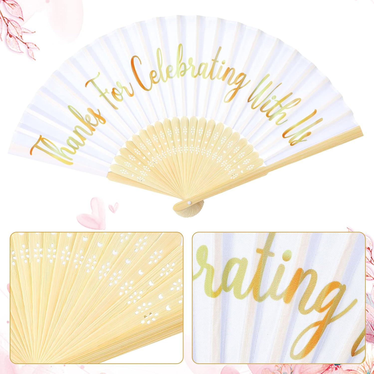 Jetec 50 Pcs White Silk Hand Fans Bulk Wedding Fans for Guests Handheld Folded Thanks for Celebrating with Us Wedding Favors for Bridal Bridesmaid Baby Shower Dancing Party Church Gift