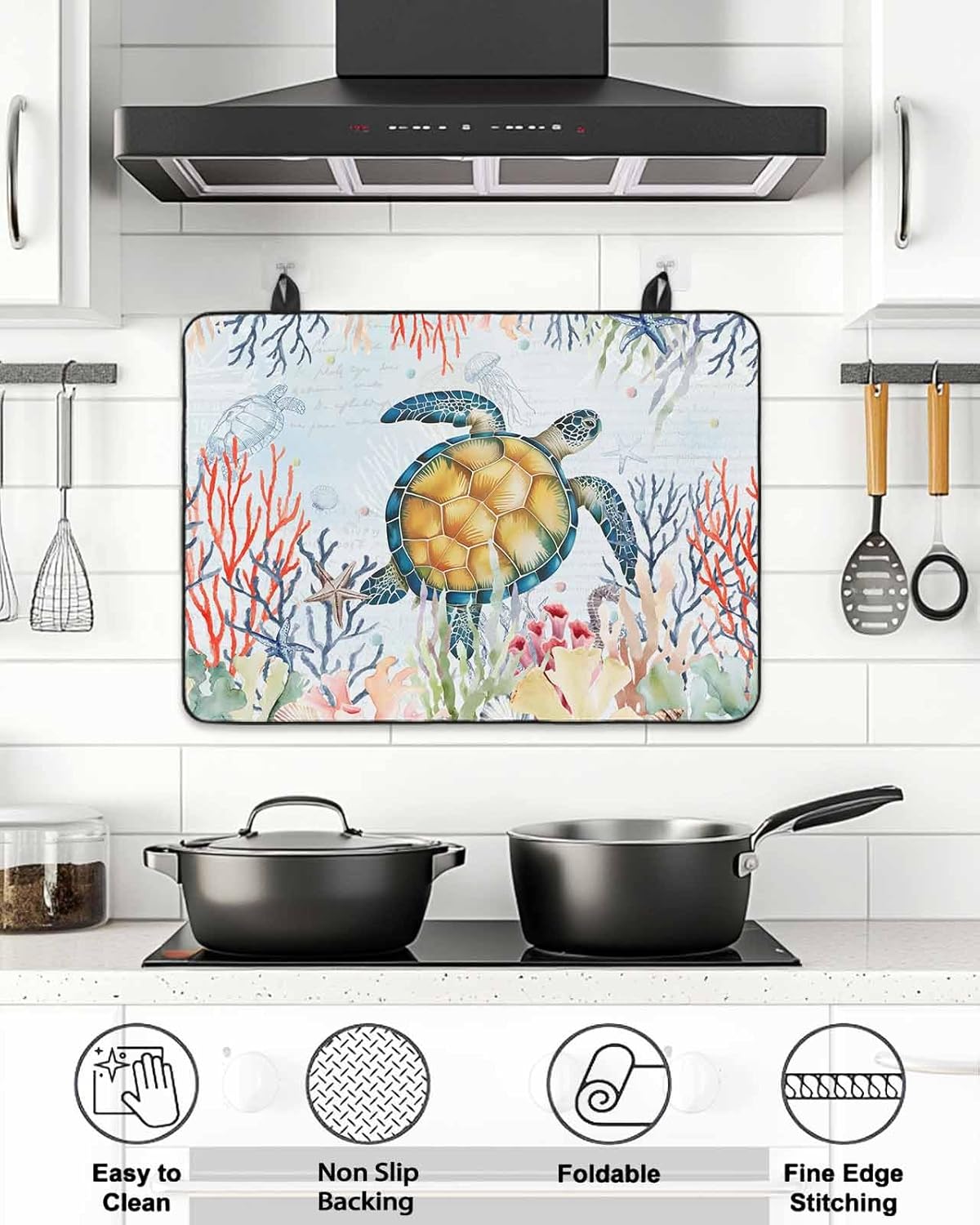 Sea Turtle Stove Cover for Electric Stove,Vintage Watercolor Ocean Animals Colorful Corals Seaweed Blue Stove Top Cover for Glass Top,Heat Insulation Foldable Cooktop Top Protector,28.5"x20.5"