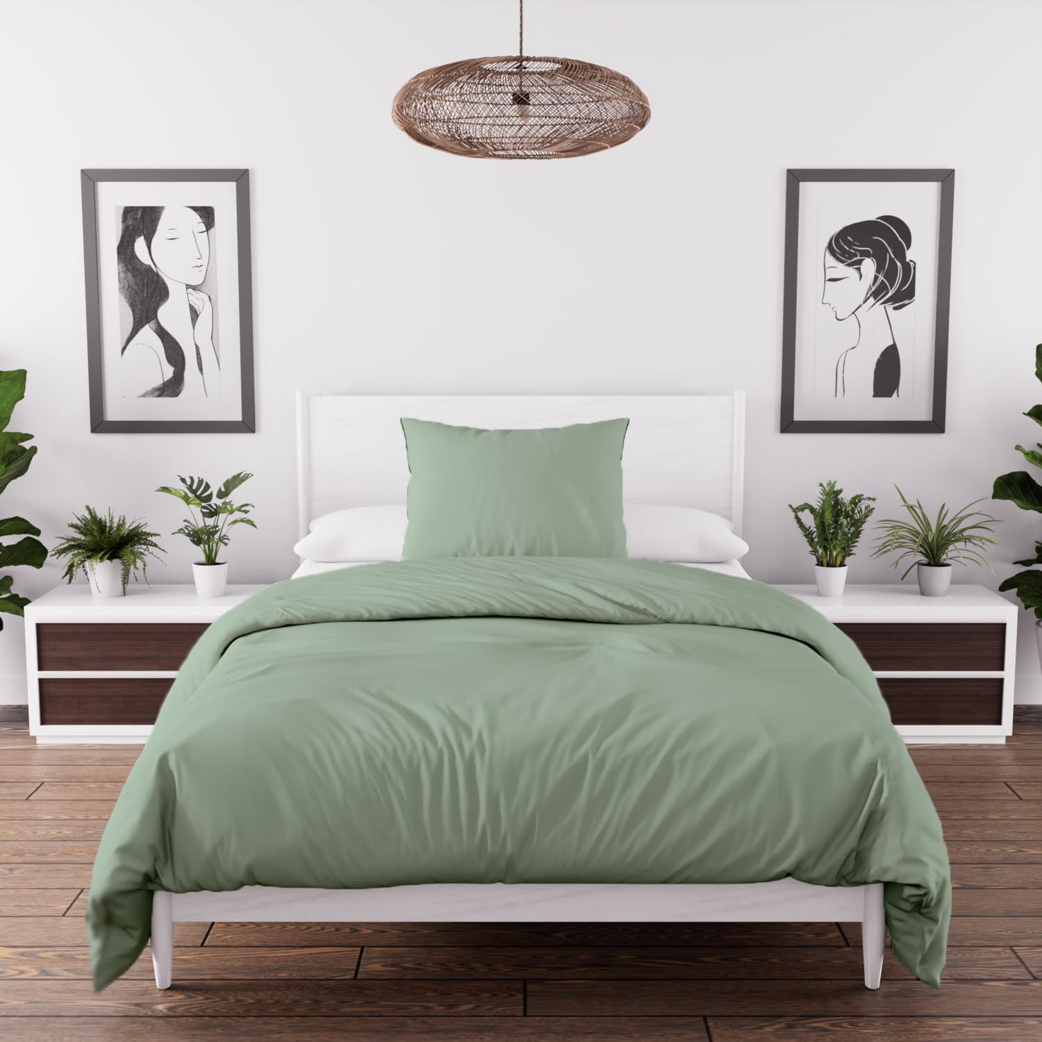 Soleil d'ocre, Conjunto de edredón y Ropa de Cama 5 Piezas Boheme Verde Agua para Cama en 90 x 200 cm