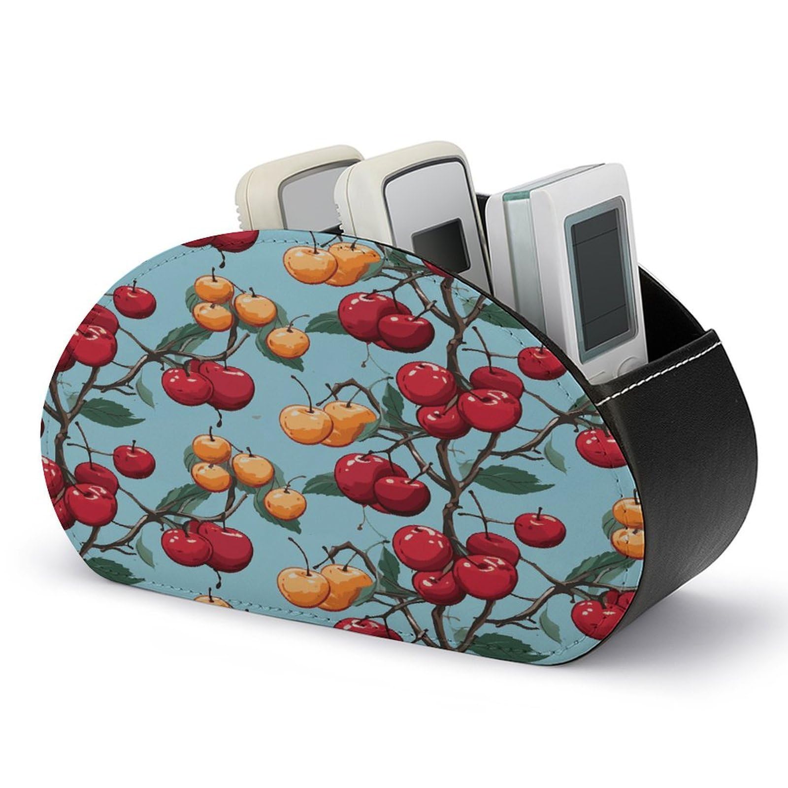 FekiLoot Cherry Pattern Remote Control Holder with 5 Compartments Multi-functional TV Remote Caddy Organizer Leather TV Remote Holder Desktop Organizer Store for Bedside Table Office Desk