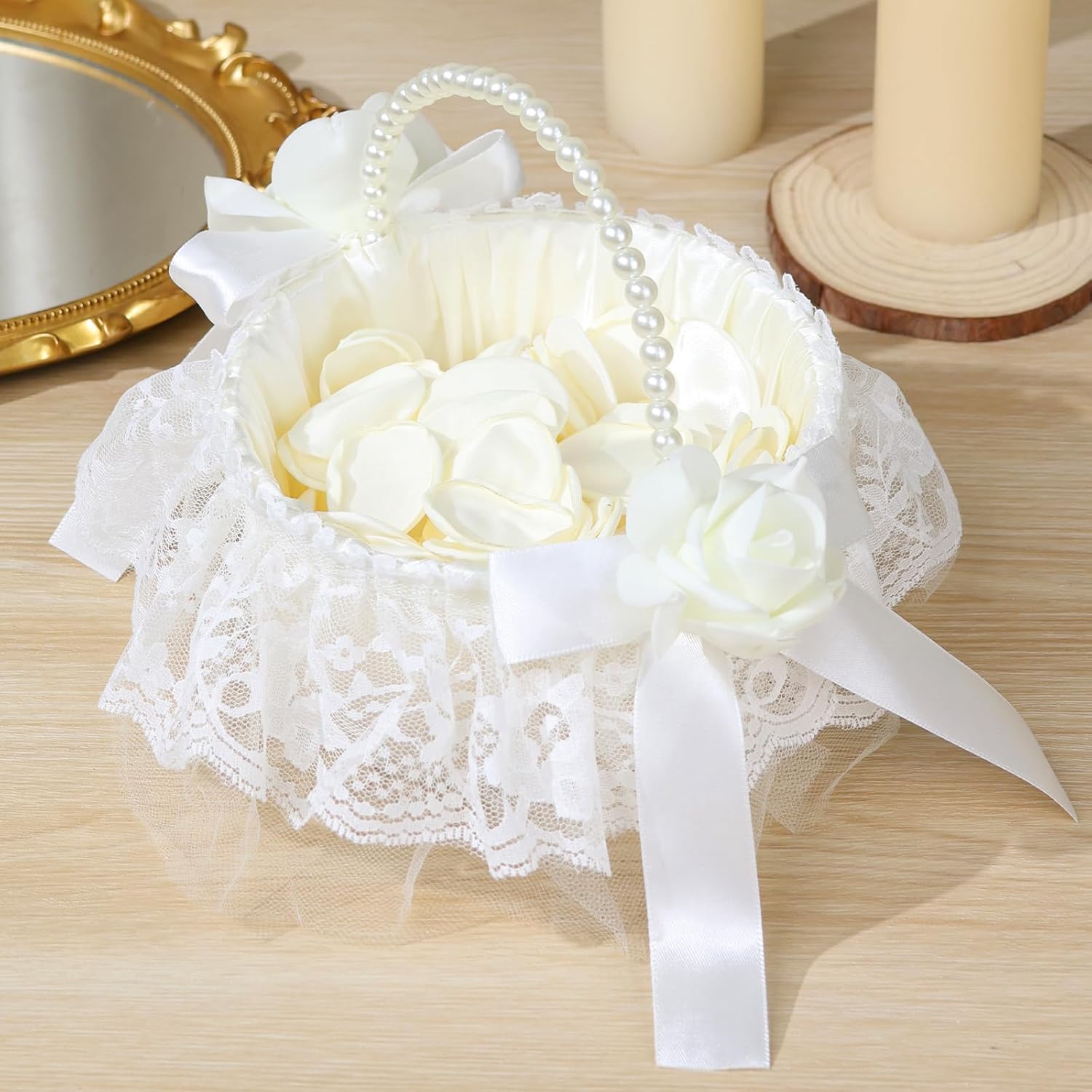 Wedding Flower Girl Basket Set of 2 - With 400Pcs Silk Petals Lace Pearl Wedding Basket, Artificial Flowers for Romantic Night Bridal Party Decoration(Flower)