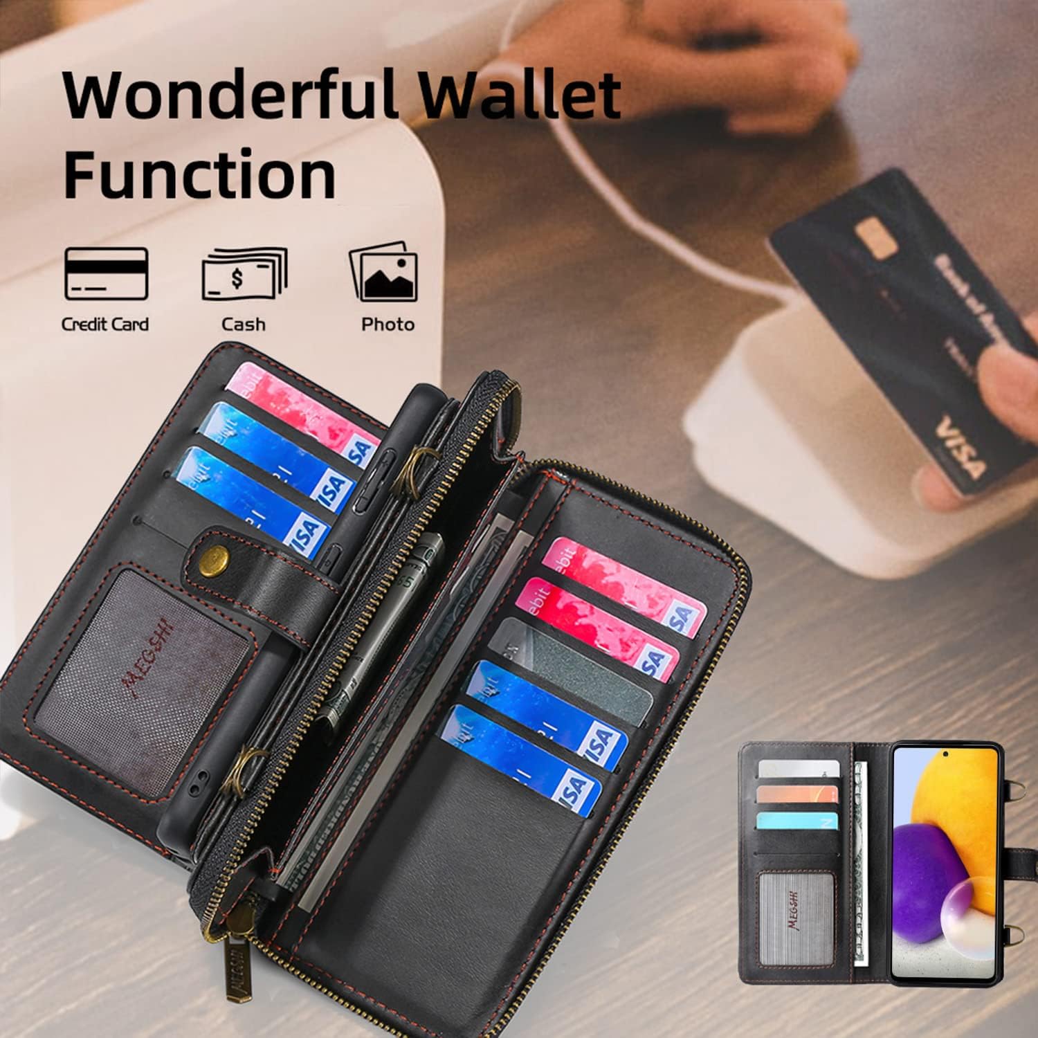 Compatible with Samsung Galaxy A52/A52S 5G Wallet Case Crossbody Shoulder Strap Card Holder Stand Multi-Function 2in 1 Detachable Magnetic Phone Cover for Glaxay A 52 S 4G G5 Gaxaly 52A S52 52S Black