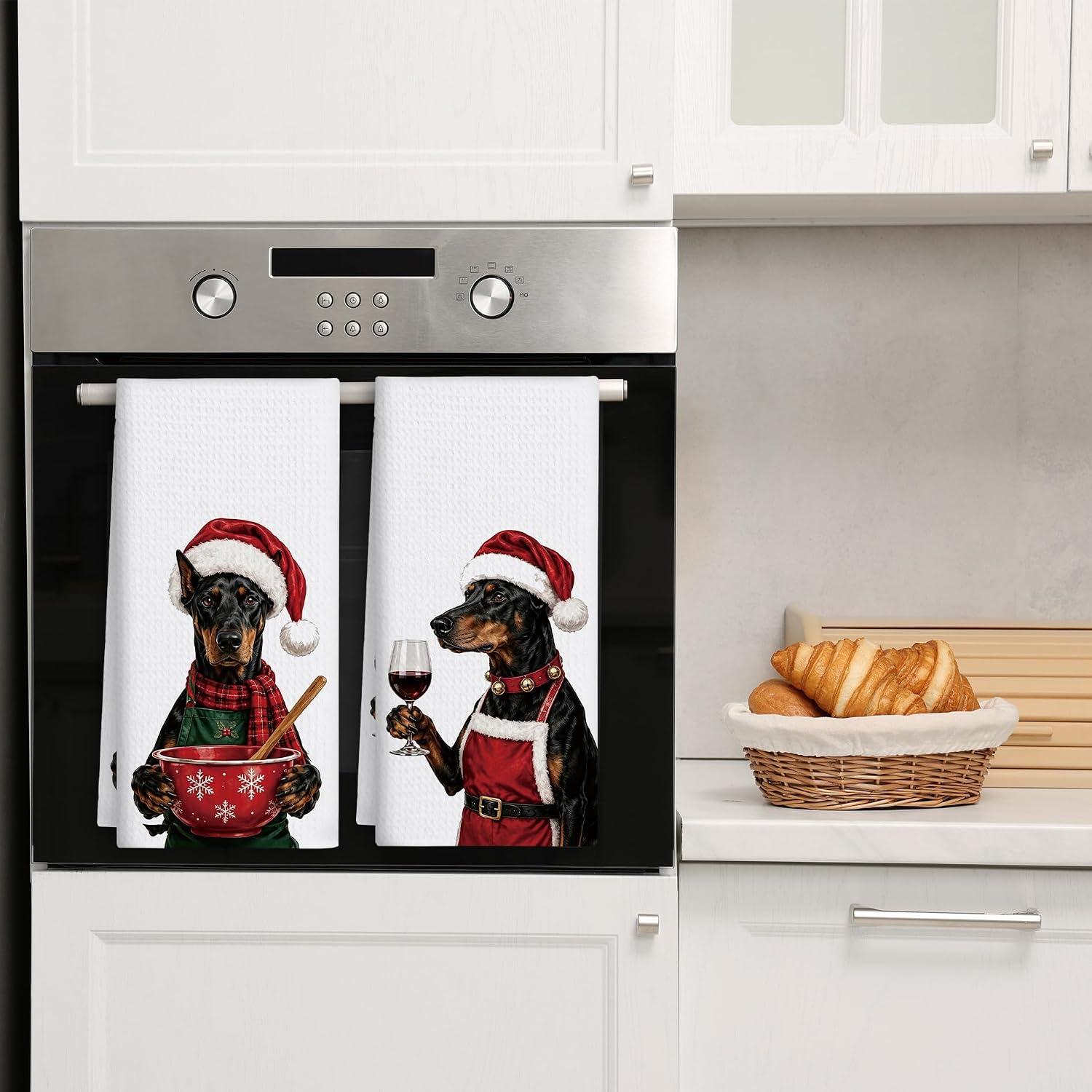 Christmas Wine Doberman Pinscher Kitchen Towels Doberman Gifts for Women Men, Wine Lover Gifts, Funny Xmas Santa Hat Dog Hand Dish Towel for Kitchen Bar Cart Decor 16x24 Set of 2 image 4