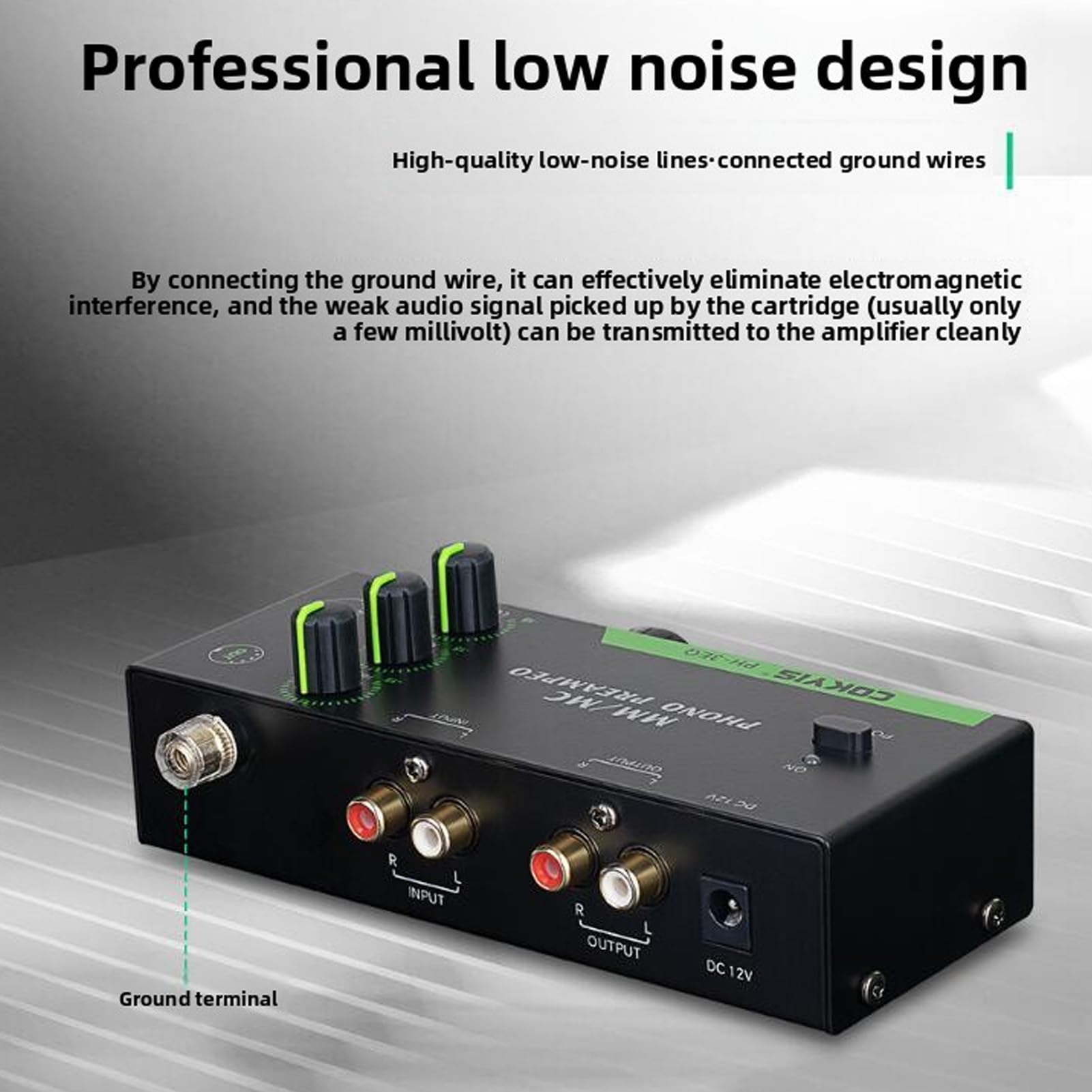 Ausla Preamplificatore Fono MM MC, Involucro in Acciaio, Equalizzazione a 3 Bande a Basso Rumore, per gli Amanti del Vinile e gli Audiofili (Spina europea)