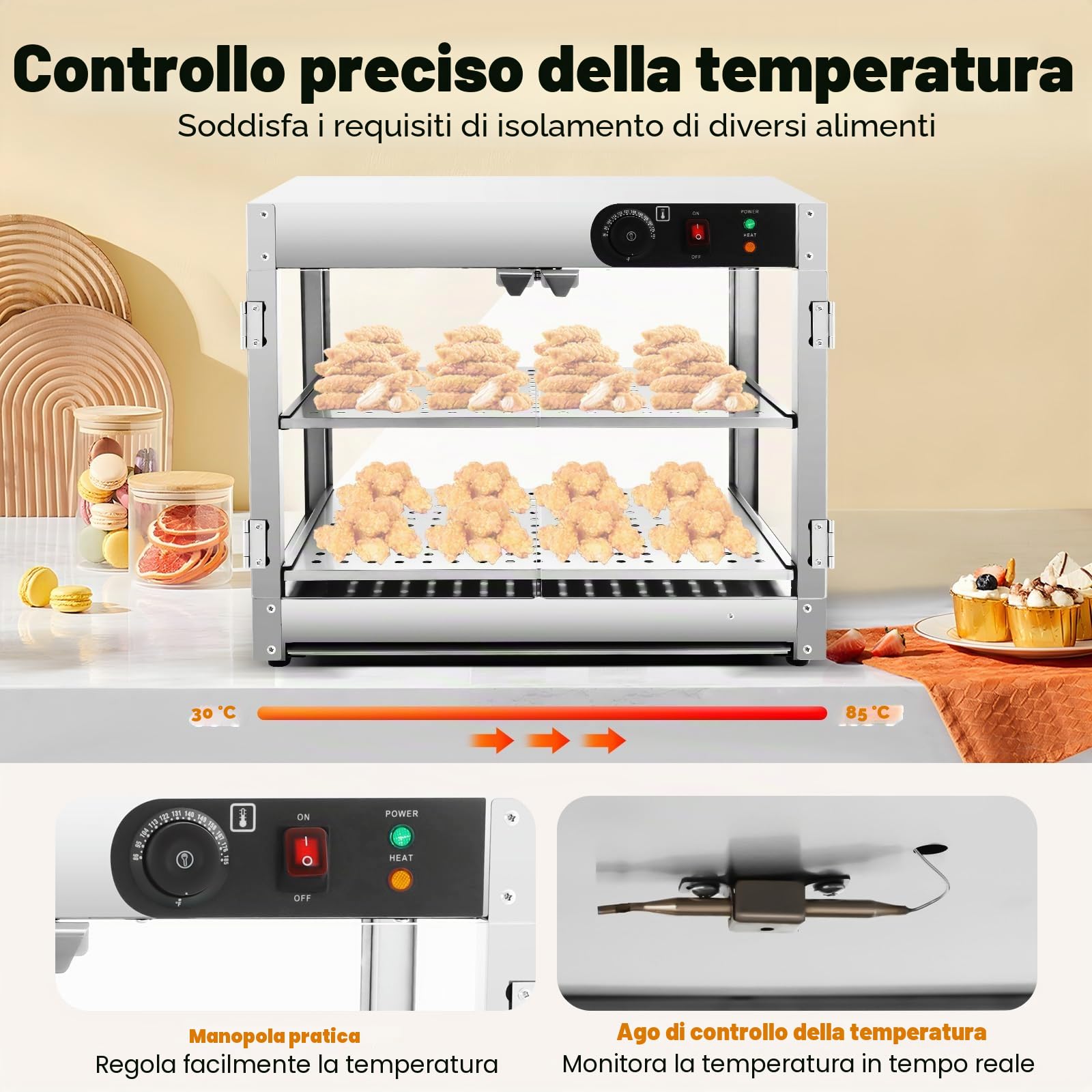 Vetrina per alimenti commerciali, con 2 cornici in acciaio inox, termostato regolabile per mense, panetterie, 800 W