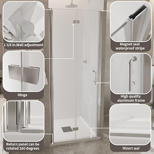 Miniatura 3 de Comfystyle Puerta de ducha de vidrio plegable sin marco de 36-37.5 pulgadas de ancho x 72 pulgadas de alto, panel de ducha plegable de vidrio