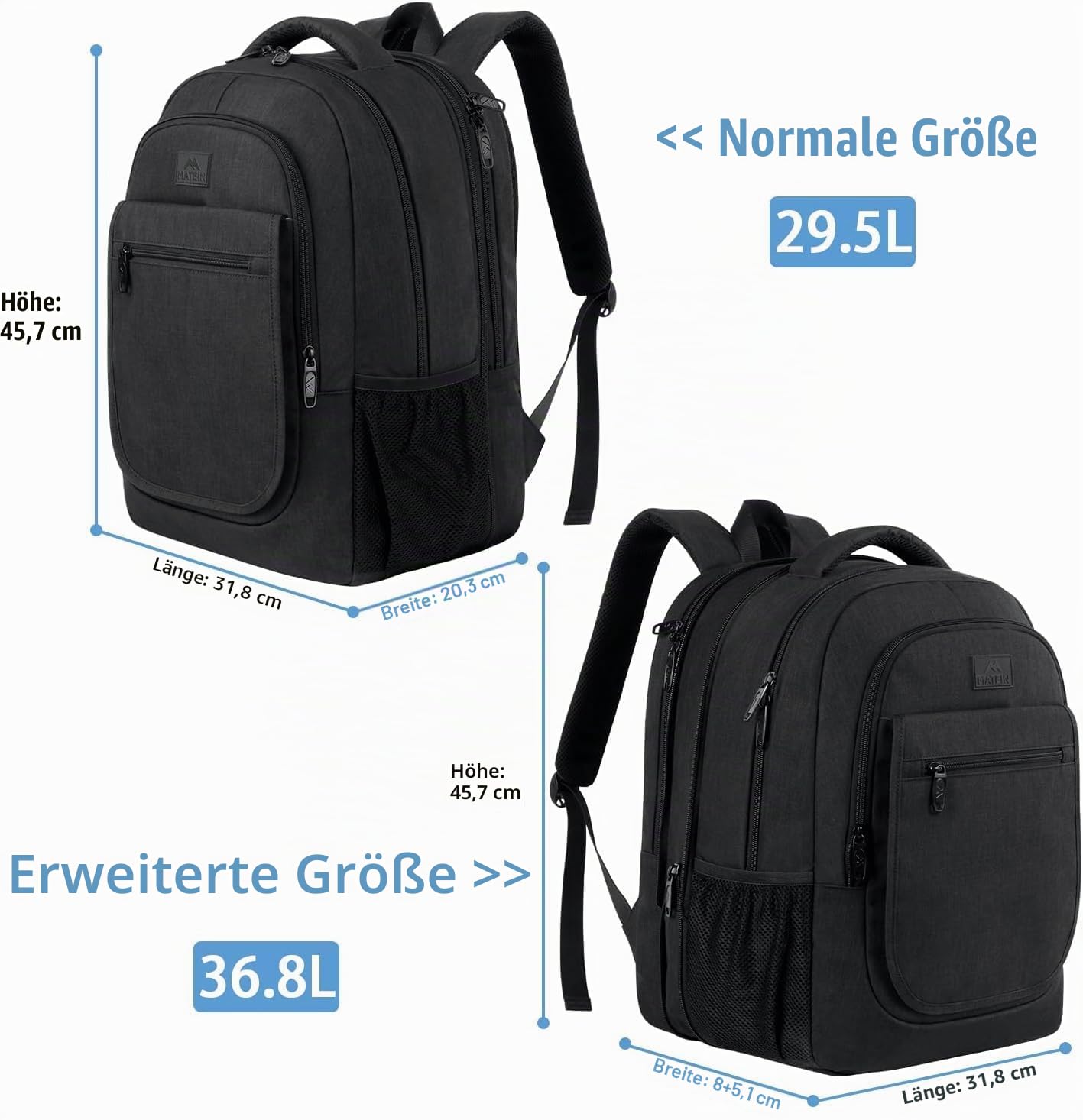 MATEIN Rucksack Herren, Groß Erweiterbarer Laptop Rucksack 15,6 Zoll mit USB Ladeanschluss, Business Reise Backpack Damen, Wasserdicht Anti Diebstahl Rucksäcke Arbeit Schulrucksack Tasche, Schwarz