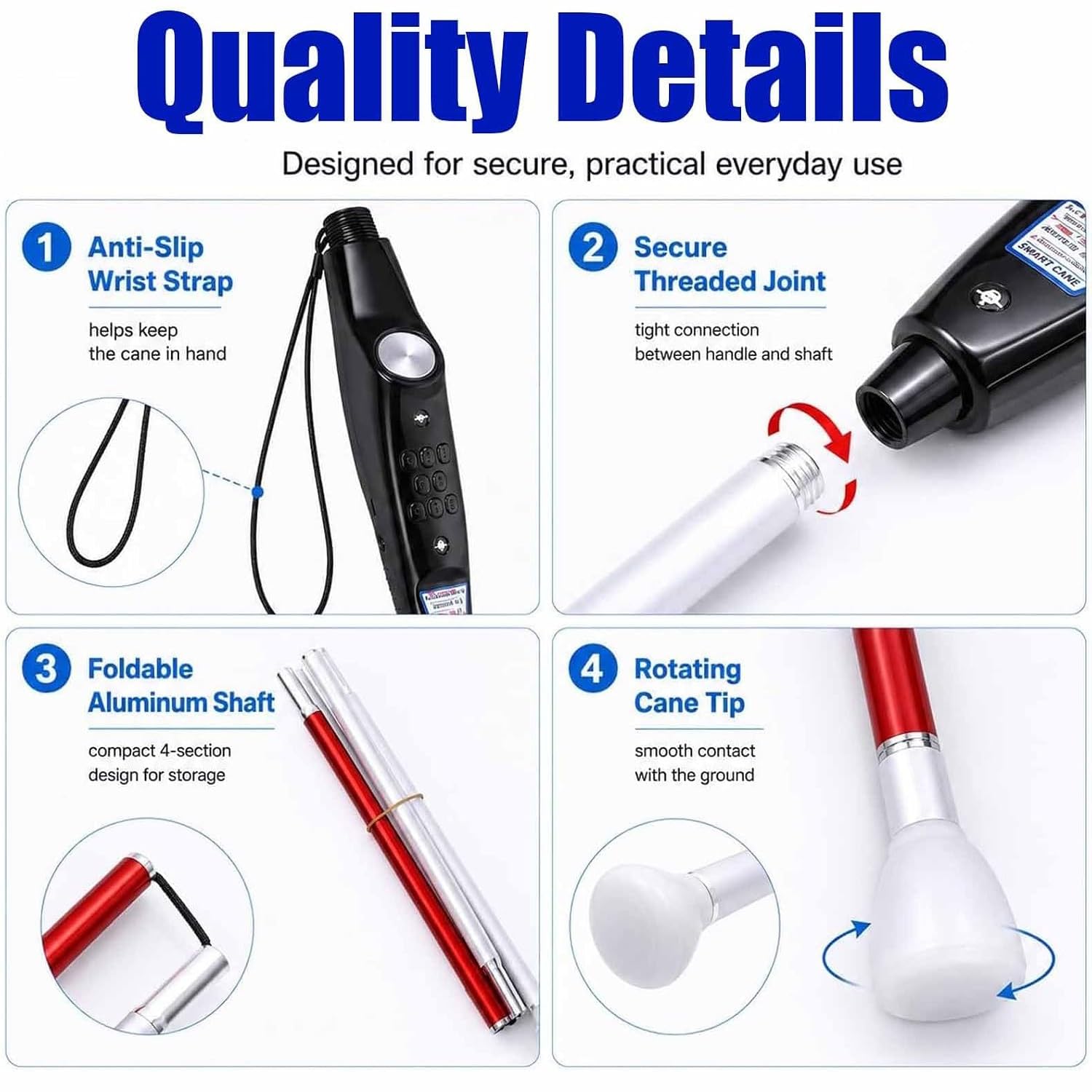 Bastón Electrónico para Ciegos con Voz, Ayuda para La Navegación | Con Mango Antideslizante, Luz De Advertencia Intermitente, Plegable, Película Reflectante, Recargable