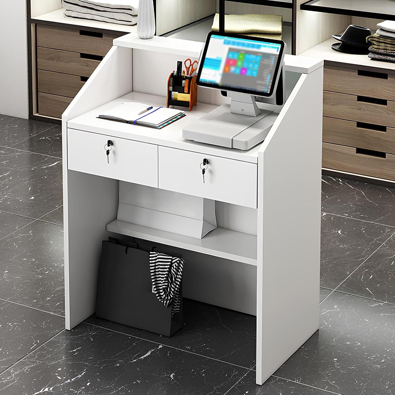 Checkout Counter, Modern Reception Desk with Counter, Front Desk Reception Counter, for Office Salon Spas Lobby, 3 Colors, White