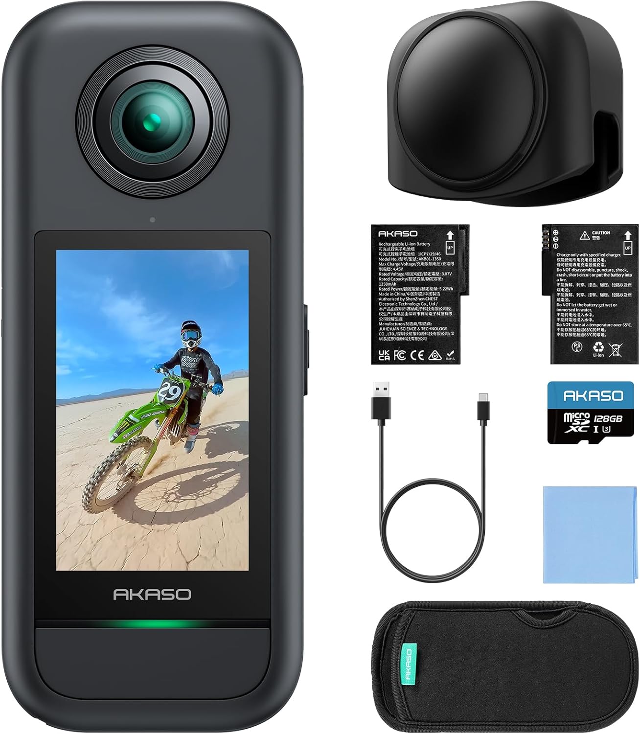 AKASO 360 Action Camera with 64GB MicroSD Card and Lens Cap Bundle