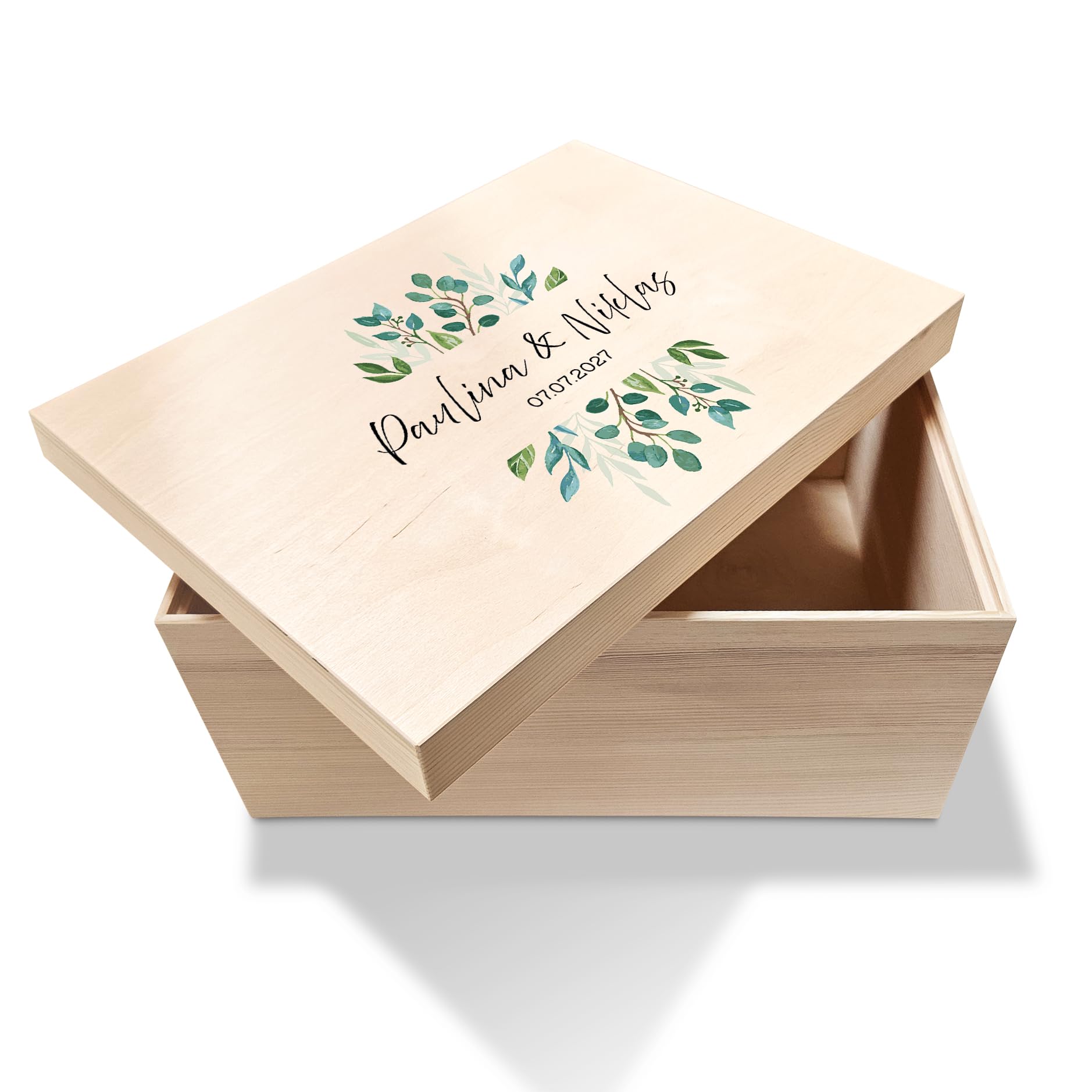 LEAF & GOLD Caja de madera personalizada de eucalipto | Caja de recuerdos para parejas de madera con tapa I Regalo de compromiso, boda o aniversario I Caja de almacenamiento hecha a mano I 40 x 30 x