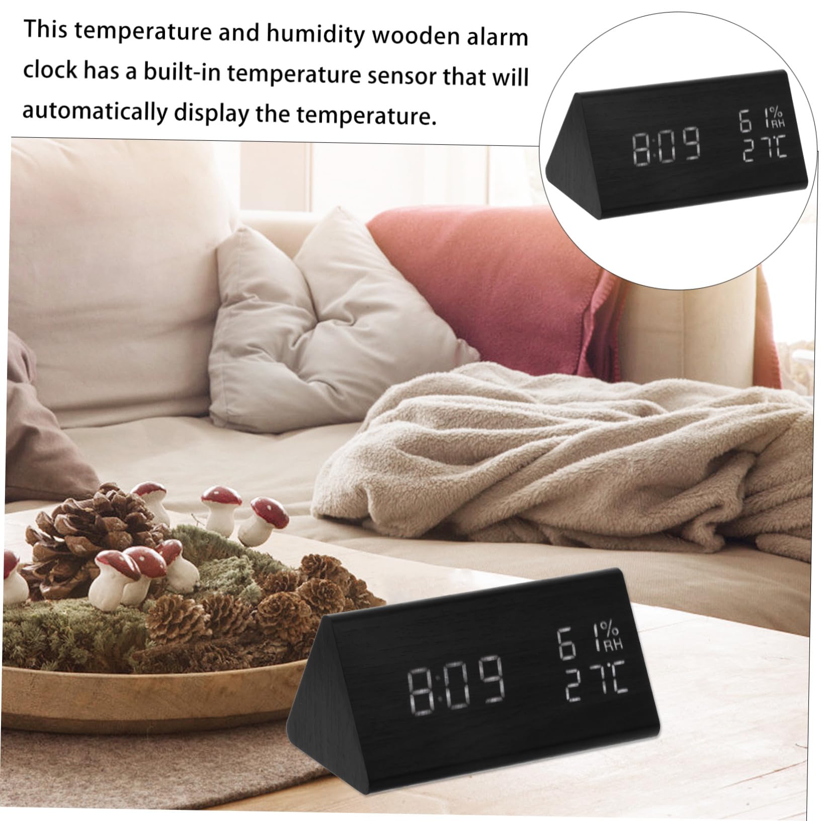 Reloj Despertador LED de Madera con Control por Sonido Pantalla Digital de Temperatura y Humedad Temporizador Múltiple para Mesita de Noche y Cocina