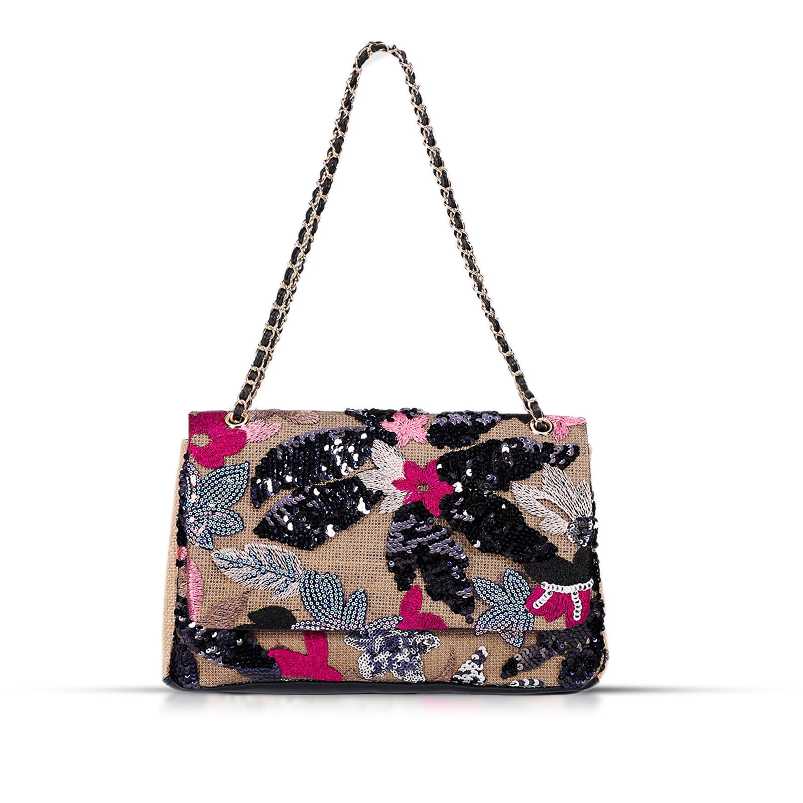 Handmade Sequin Embroidery Straw Tote for Women - Large Capacity Bohemian Shoulder Bag for Beach, Vacation, Travel, Daily, Banquet (Black Flower)