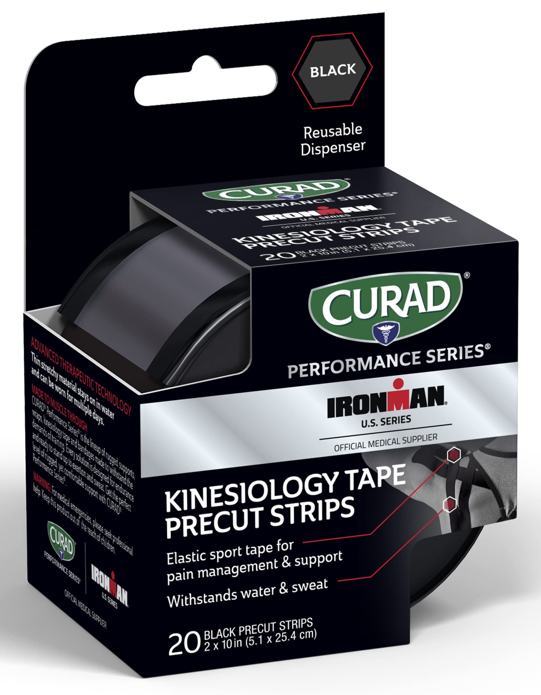 Curad Performance Series IRONMAN Kinesiology Tape, Black, 2 in x 10 in, 1 Roll of 20 Precut Strips