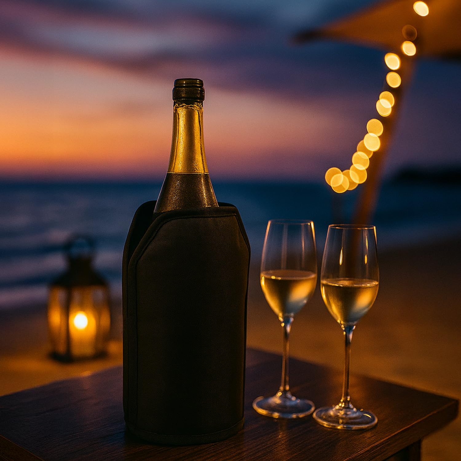 2x Enfriador de botellas portátil, funda refrigerante con banda elástica para vino, cerveza, cava y refrescos (Negro - 2 piezas)