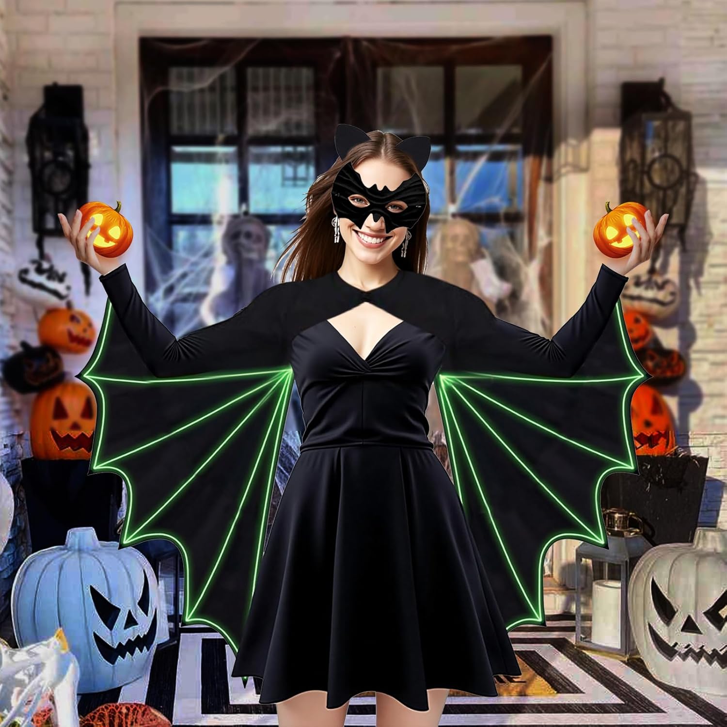 Women’s Bat Wings Costume with Glow in Dark, Adult Halloween Cosplay Costume with Headband & Face Cover for Party - Image 4