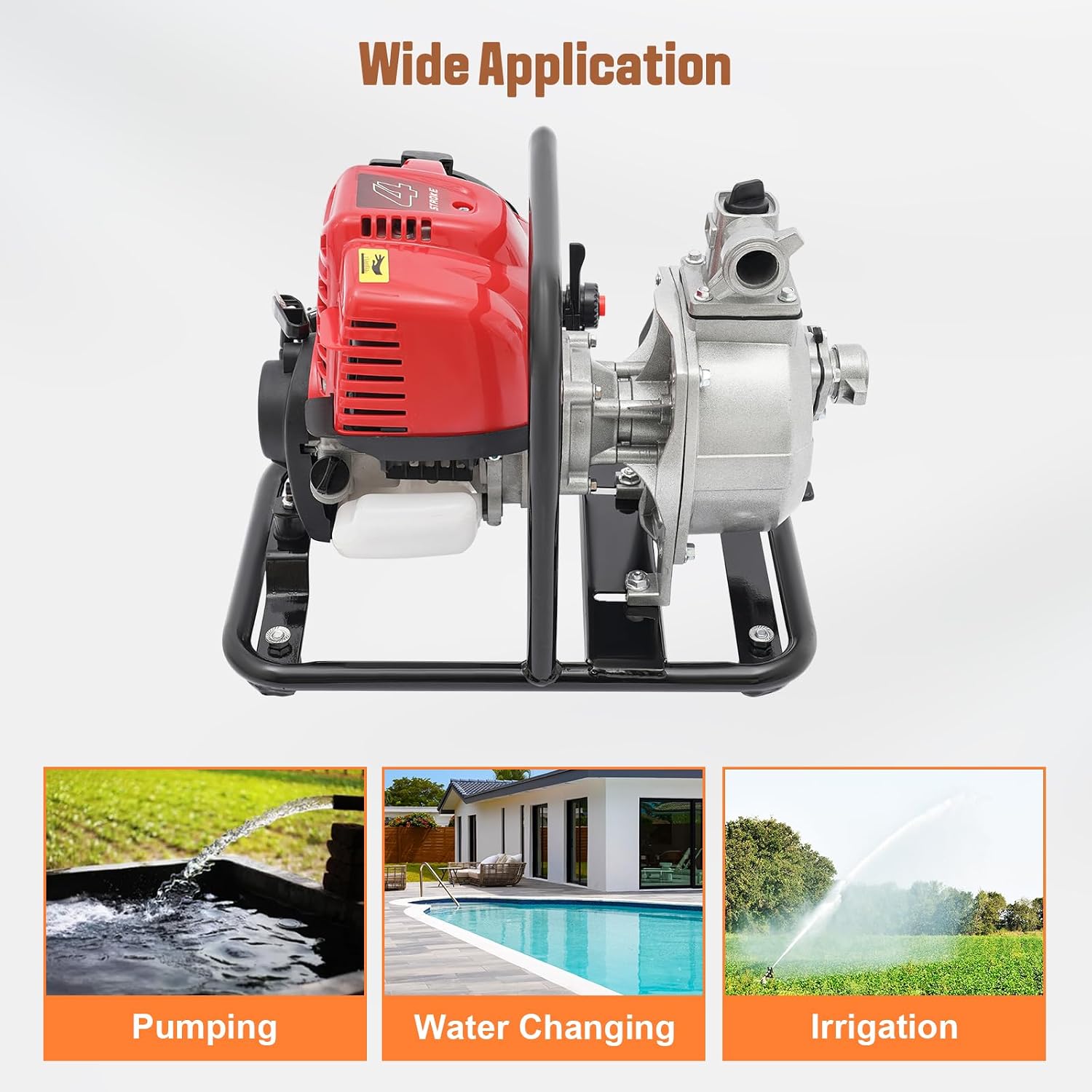 Gasoline Powered Water Pump 1inch, 1.2KW 10500 Rpm 4-Stroke Gasoline Engine, 35.66gal/min Water Transfer Pump for Irrigation 98 ft Lift 26ft Suction, Protable, Light Weight