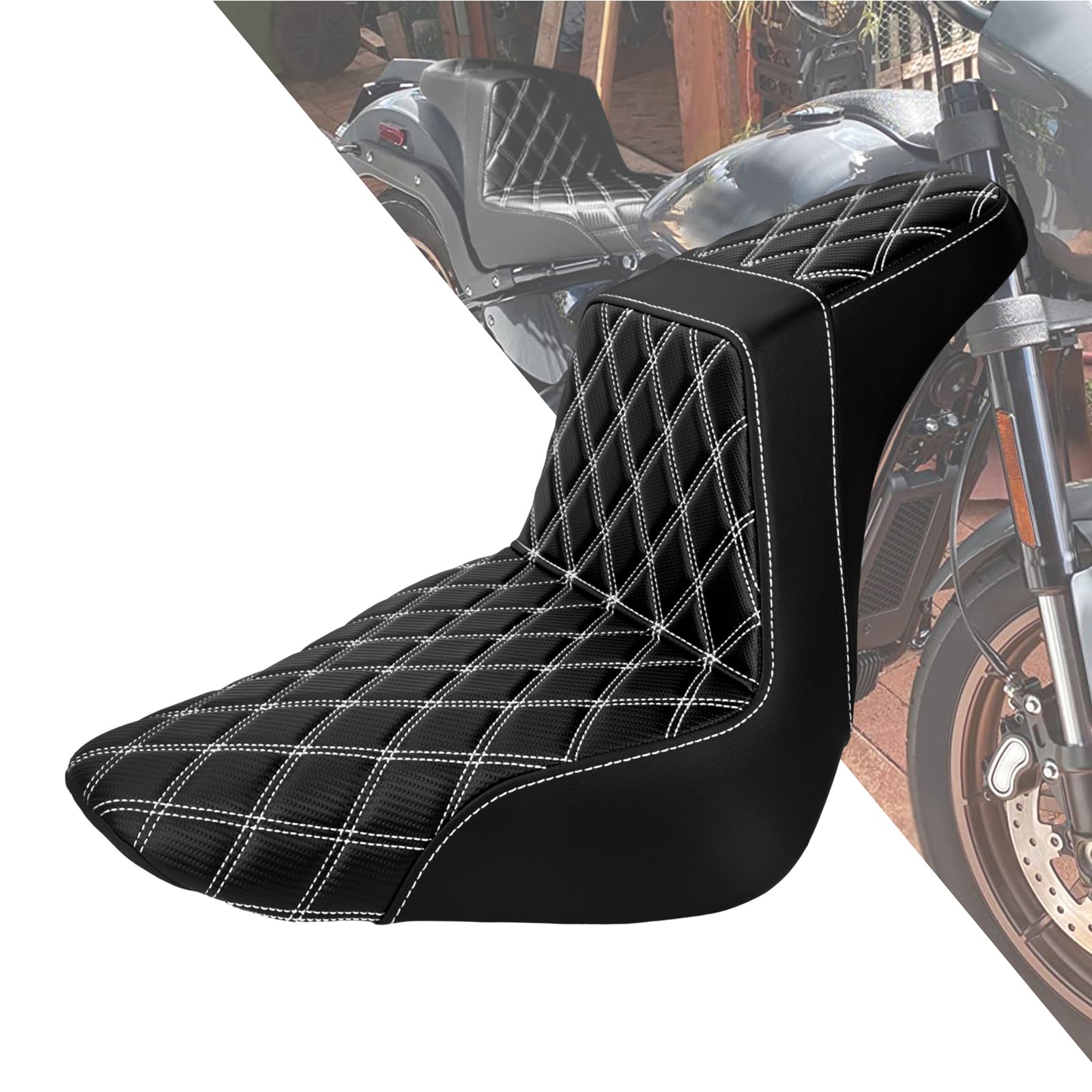Driver Passenger Seat Motorcycle Two-Up Seat Fit for Harley FLSTF FXBRS Softail Fatboy 2018-2025 Breakout 2023-2025 (White Stitching)