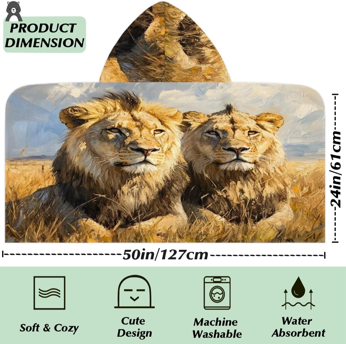 Kids Hooded Bath Towel for Boys Girls, Animal Lions Two African Savanna Cotton Hooded Beach Towel Wearable Wrap Poncho for Toddler Swimming Pool