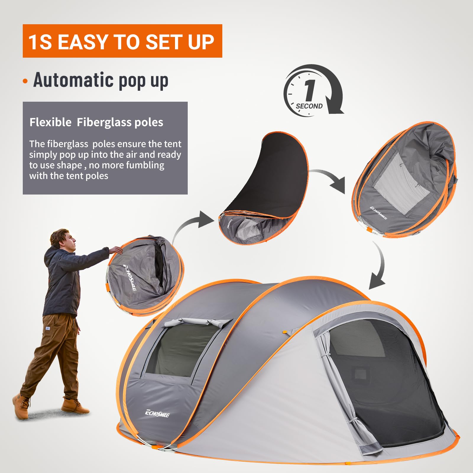 EchoSmile Tenda da Campeggio Istantanea Pop Up 4-8 Posti, Tenda Familiare Ultraleggera Portatile, Antivento e Impermeabile per Picnic, Trekking e Attività All'aperto