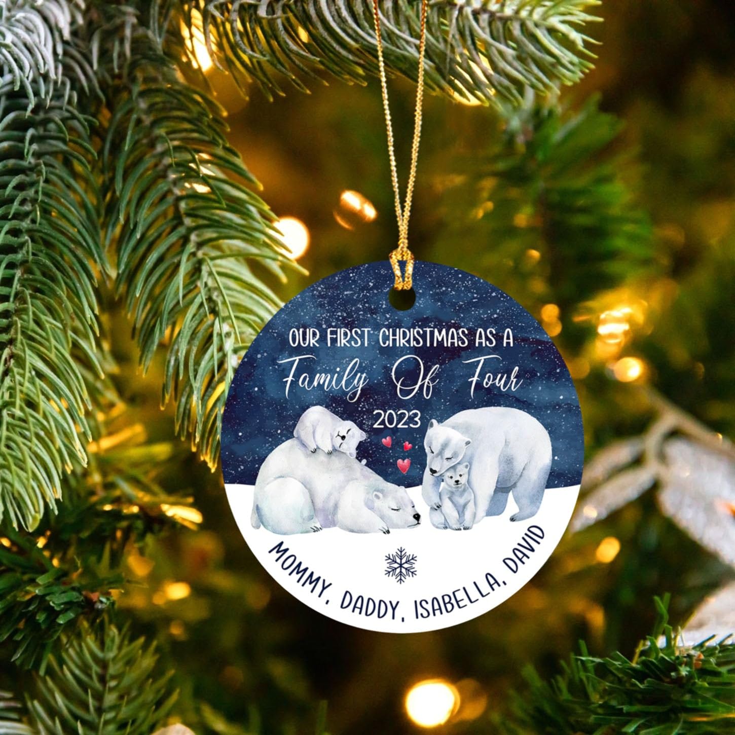 Cenluxy Personalized Family of 4 Polar Bear Ornament Christmas 2023 Our First Christmas As A Family of Four Custom Names