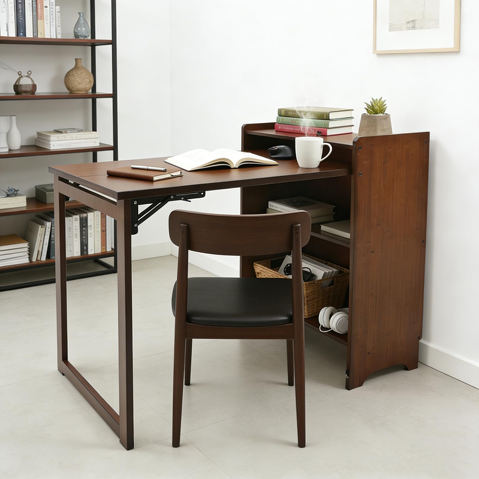Scrivania pieghevole compatta in bambù con libreria, tavolo da scrittura convertibile per casa, ufficio, soggiorno e camera da letto, versatile armadio portaoggetti e postazione di lavoro per computer