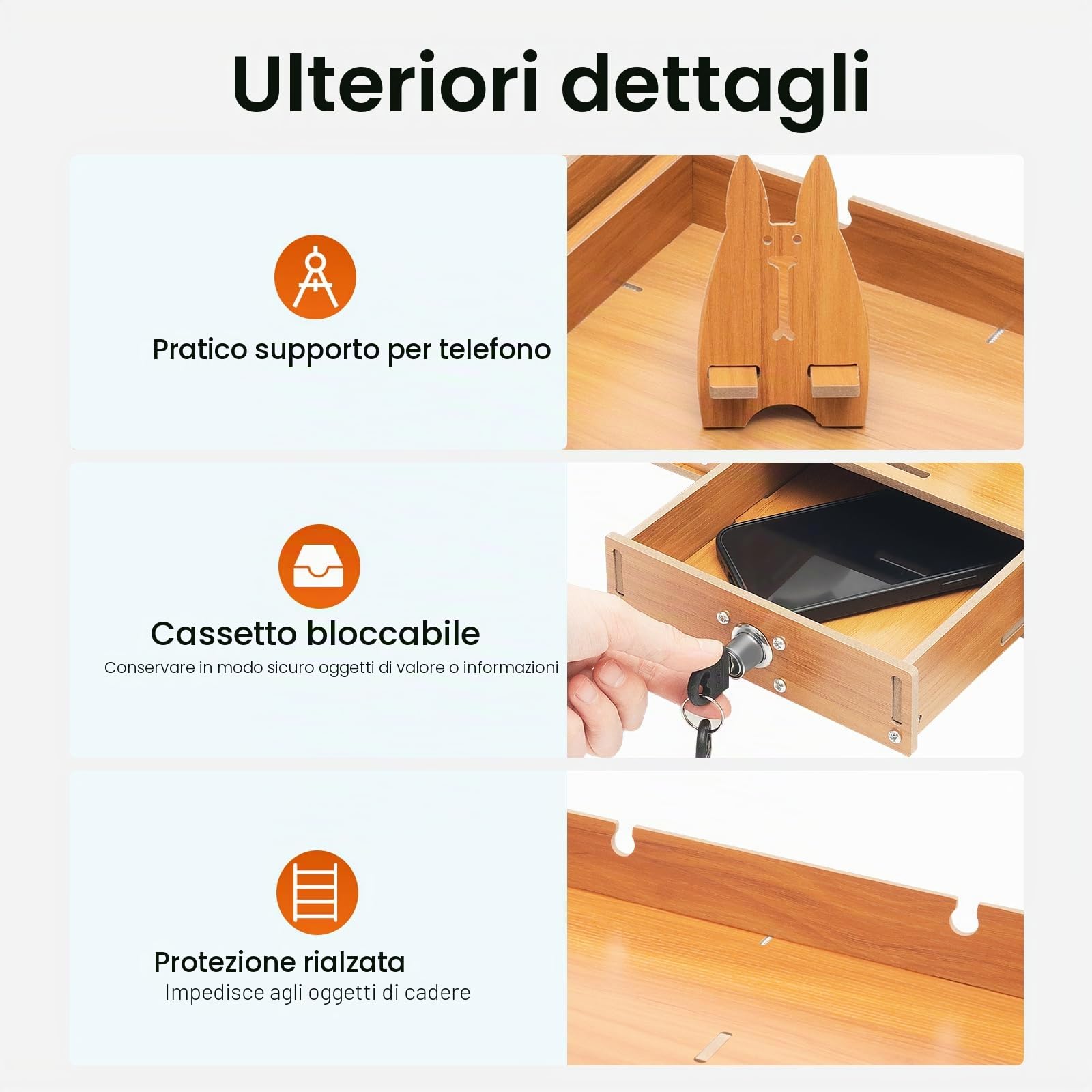 Supporto per monitor in legno, con 3 cassetti con serratura, altezza dello schermo, supporto da scrivania, angolo girevole di 180 gradi