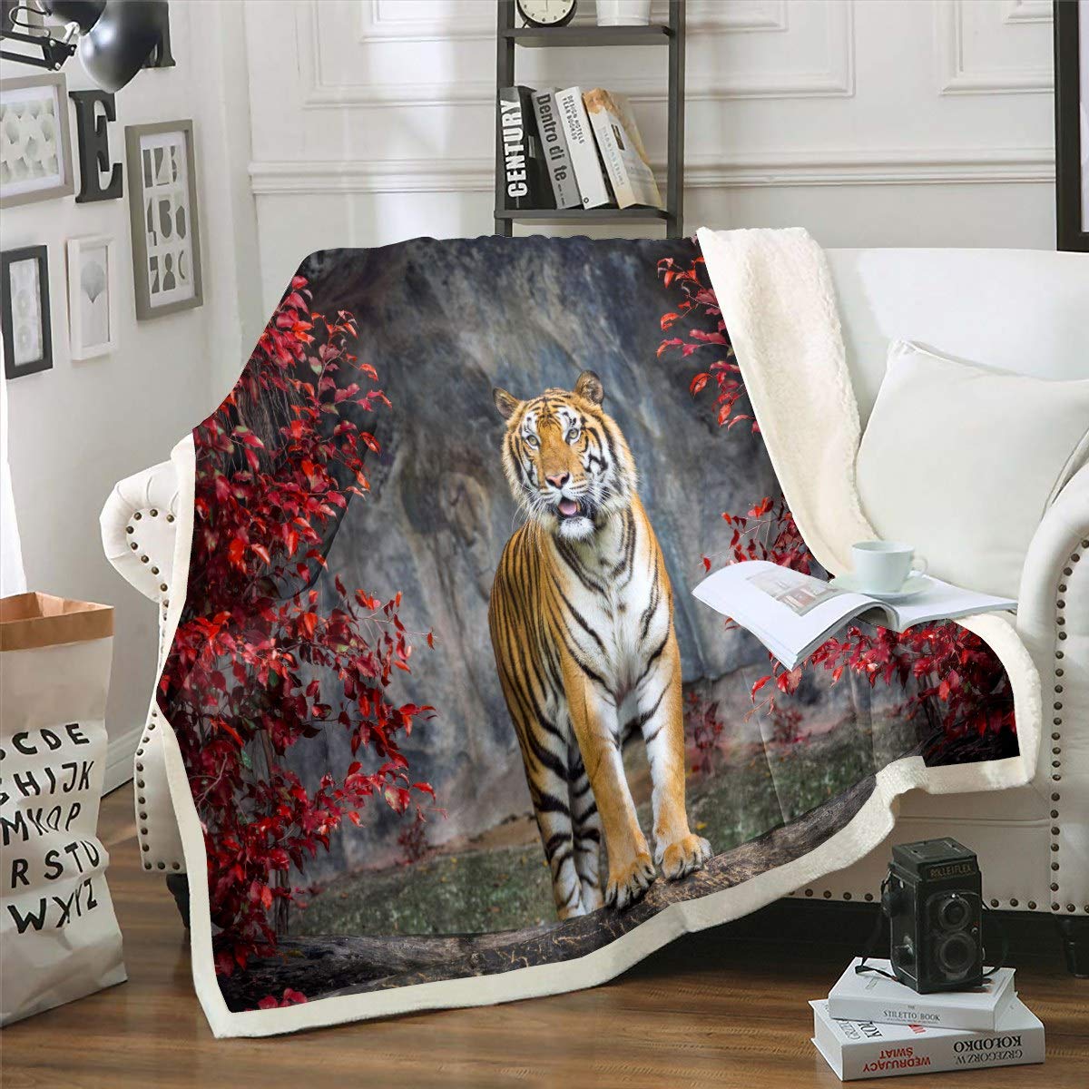 Loussiesd Tiger 3D Wild Animal Theme Sherpa Wildlife Style Fleece Blanket for Sofa Couch Red Tree Branches Blanket Ultra Soft Safari Cat King 87"*94" Flannel Blanket