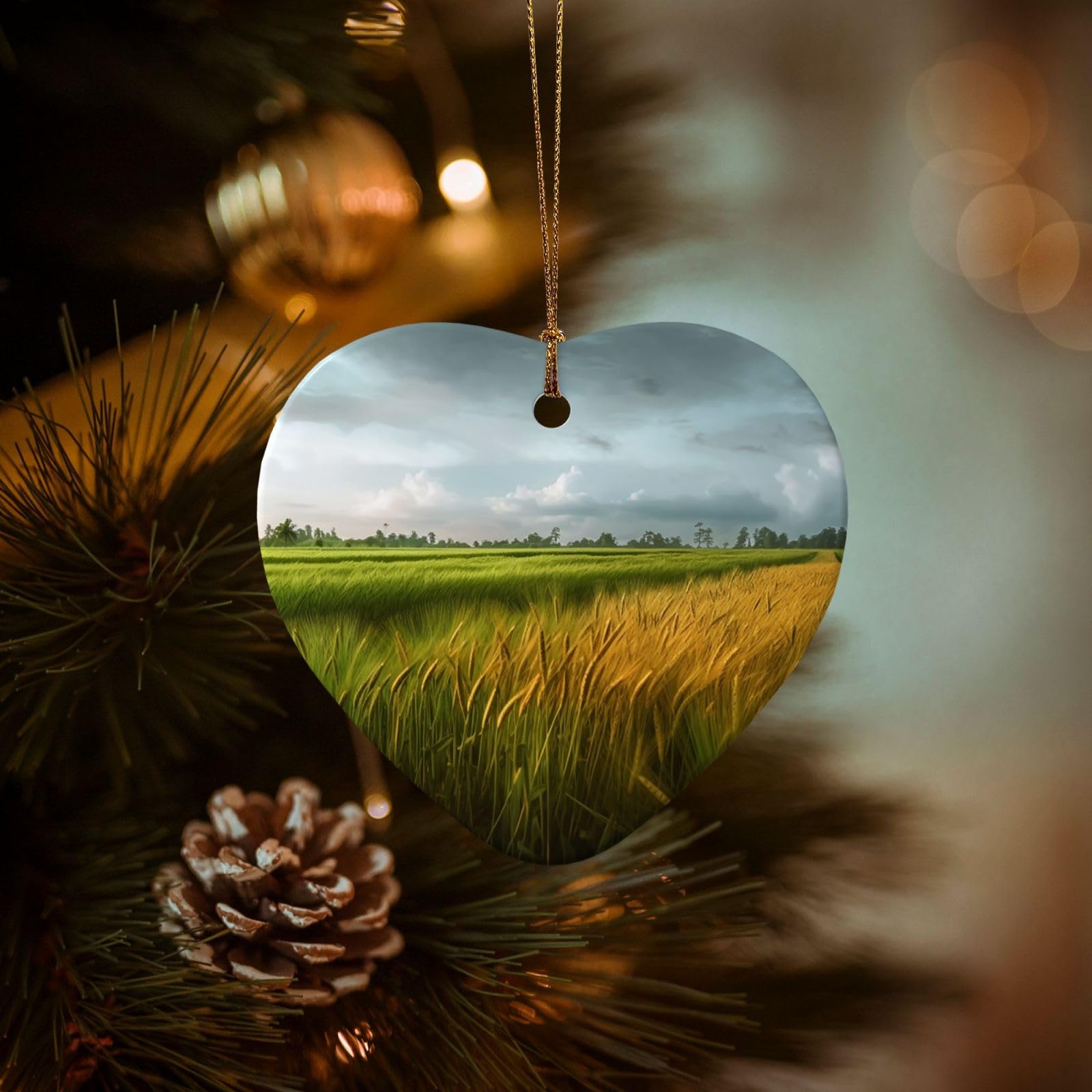Christmas Tree Ornaments Ceramics Christmas Decorations Paddy Rice Field Ornaments with Gold Ribbon Porcelain Xmas Tree Crafts Heart Shape Hanging Pendant for Christmas Tree Party Decor