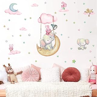 Cute Animal Wall Sticker, Elephant Wall Sticker for Children's Room, Star Clouds Wall Sticker for Girls' Room Wall Decor, Pink Wall Sticker for Baby Room, Classroom, Bedroom, Living Room Decoration