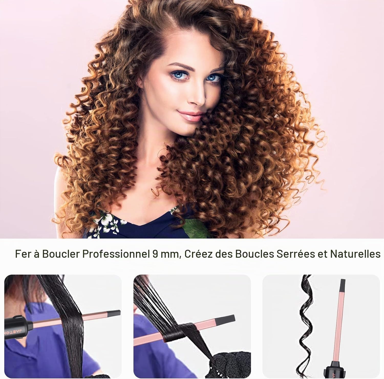 Fer à friser fin 9 mm, boucles serrées, écran LCD 100-230 °C, céramique tourmaline chauffe 30 s, pince pro pour cheveux longs et courts (rose)