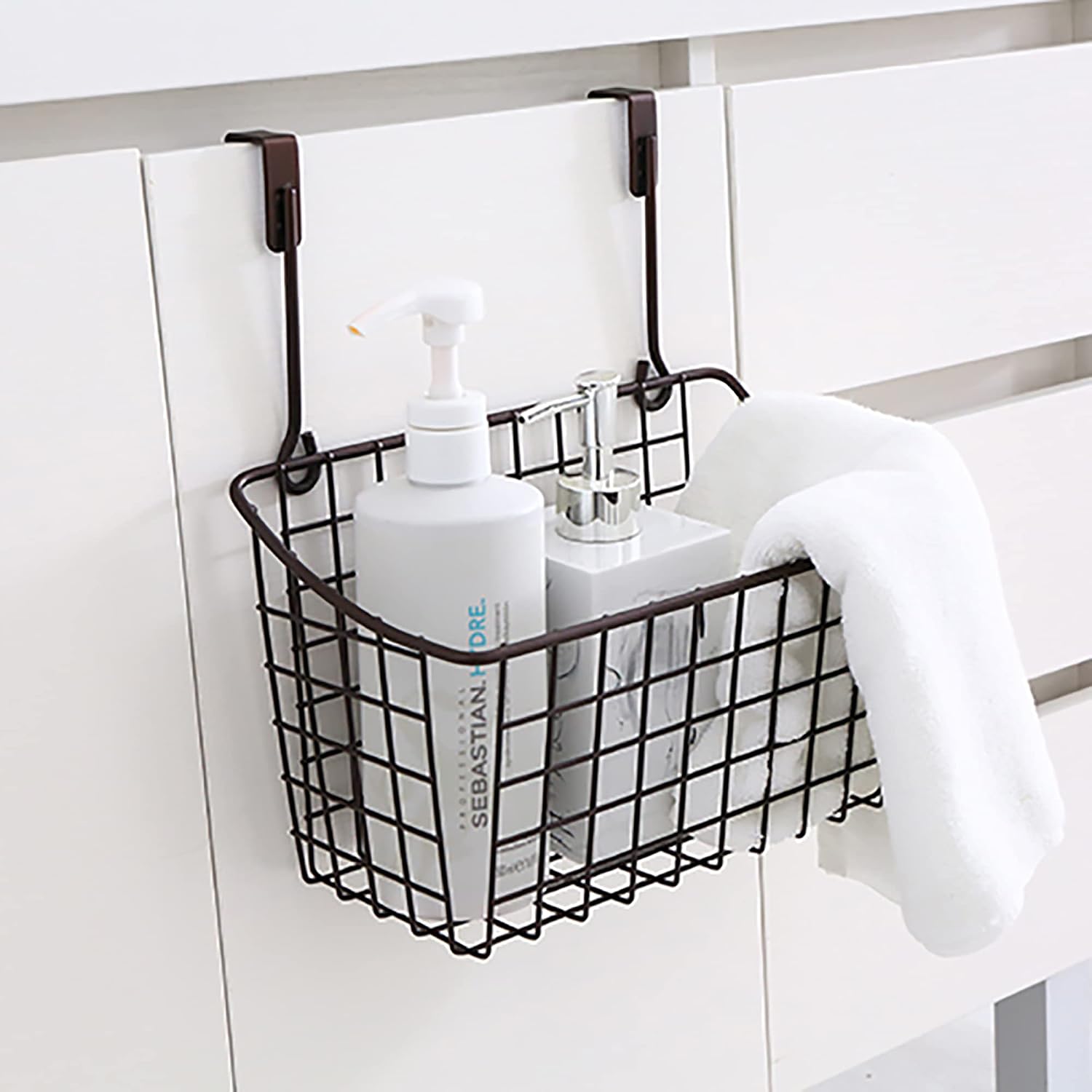 Nicunom 2 Pack Grid Storage Baskets with Hooks, Over Cabinet Door Organizer, Wire Basket Hanging Storage Organizer Steel Wire Sink Organization for Kitchen & Bathroom, Holds Shampoo, Body Wash, Bronze