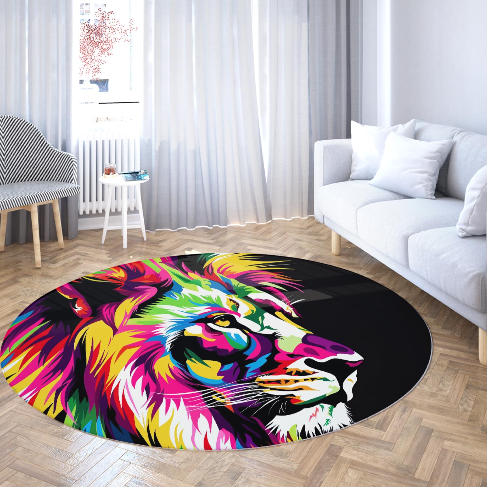 Tapis ronds graffiti tête de lion antidérapant noir maison salon