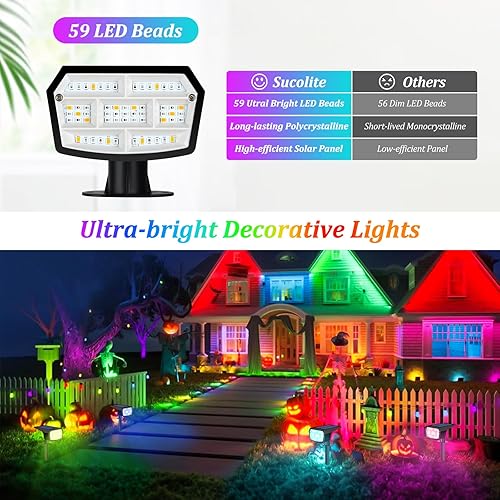 Miniatura 4 de Sucolite Paquete de 6 focos solares para exteriores, 59 luces solares LED para exteriores, impermeables, 9 modos de iluminación, luces solares para