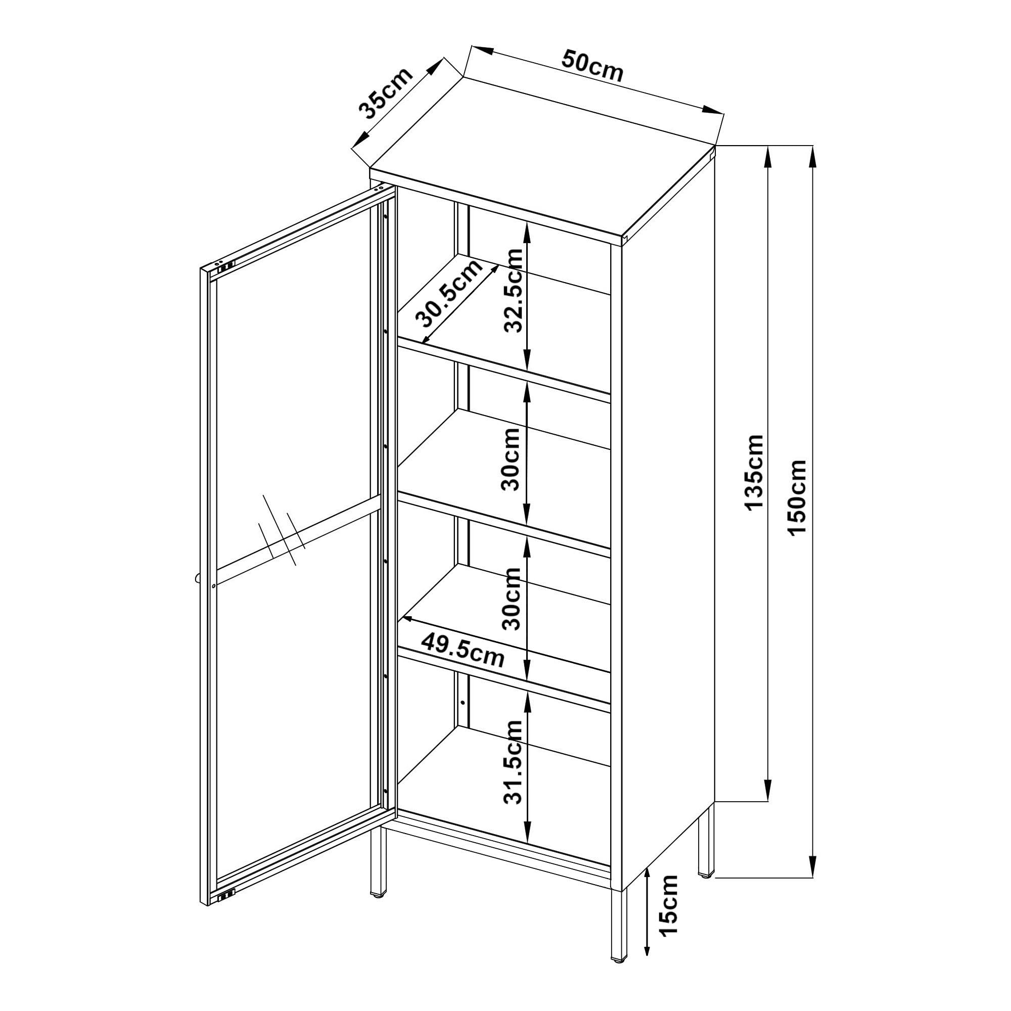 [en.casa] Armadio a Vetrata con 4 Scomparti Credenza Alta Libreria Espositiva Vetrinetta Anta in Vetro Semitrasparente Scanalato 150 x 50 x 35 cm Mobile in Acciaio - Nero