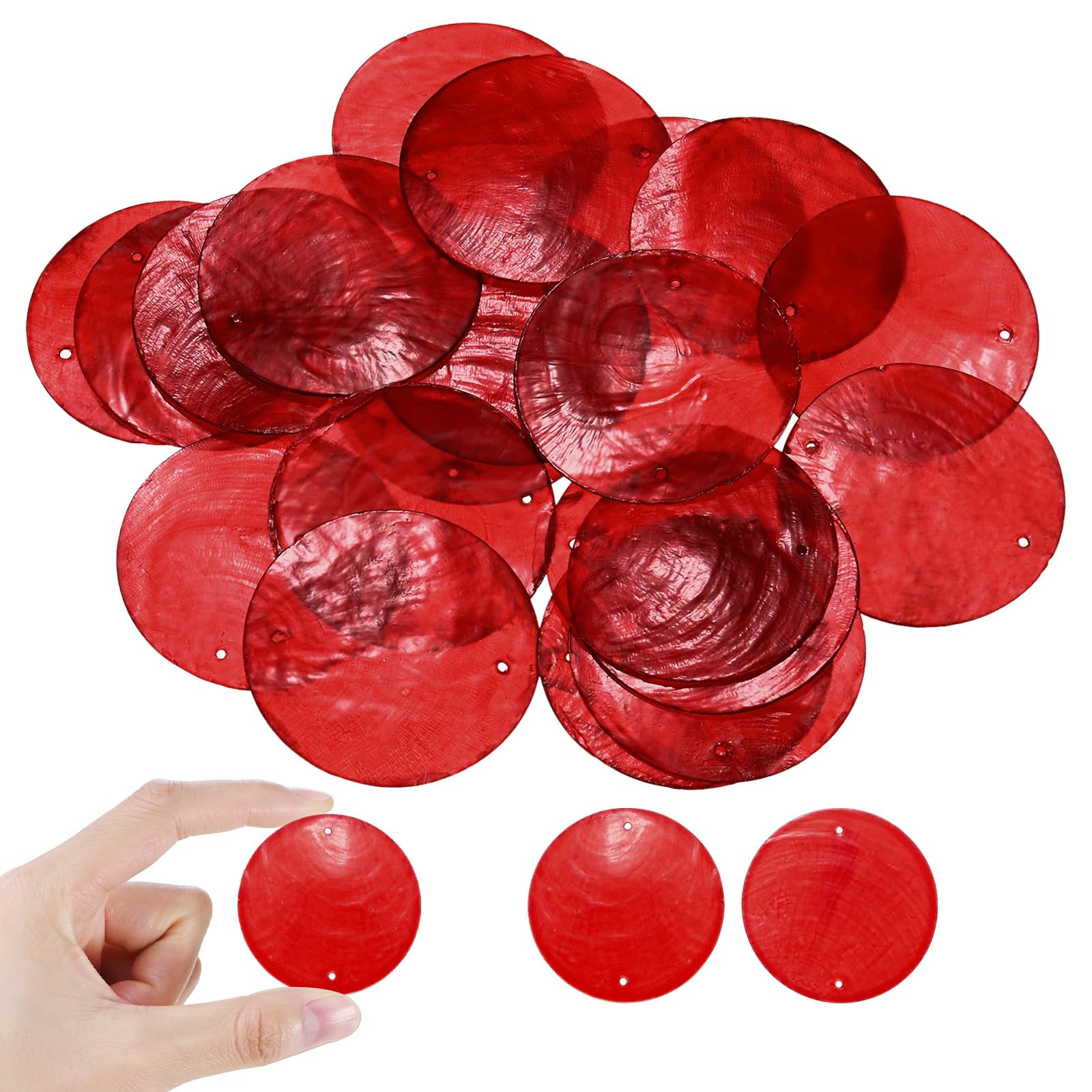 M METERXITY 30-Pack Round Capiz Sea Shells, 2 inch(50mm) 2 Holes Natural Shell Pieces for Wind Chimes/Seashell/Curtain Shell/DIY Craft, Flat Round Coin Bead [Red]