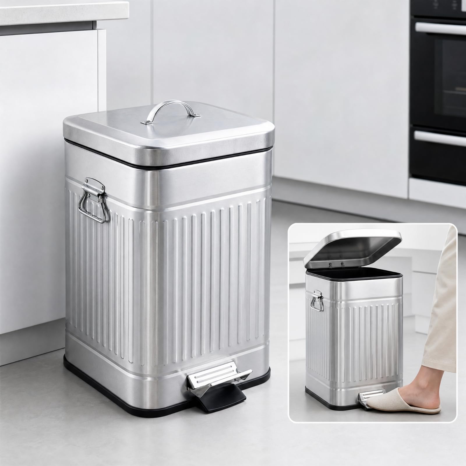 predolo Cubo 12 litros con Pedal Silencioso Cubo con Tapa Cierre Libres Barero para Baño, Dormitorio, Sala, Plateado, 12L