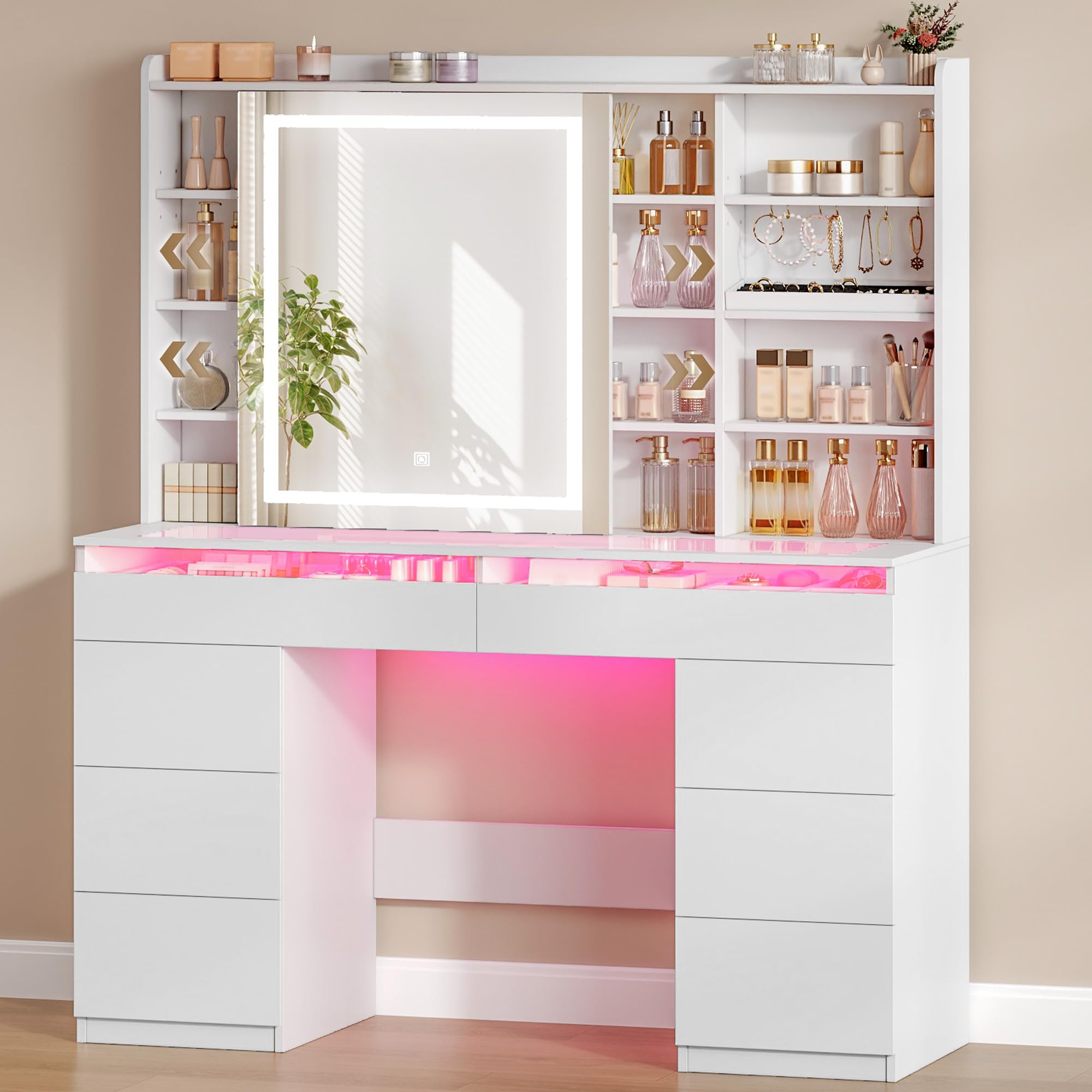 Hzuaneri 108 cm Toeletta Trucco, Postazione Trucco con Piano in Vetro, Striscia Luminosa RGB, 8 Cassetti, 9 Scaffali a Giorno, Deposito Gioielli, per Camera da Letto, Bianco 1180203XEU