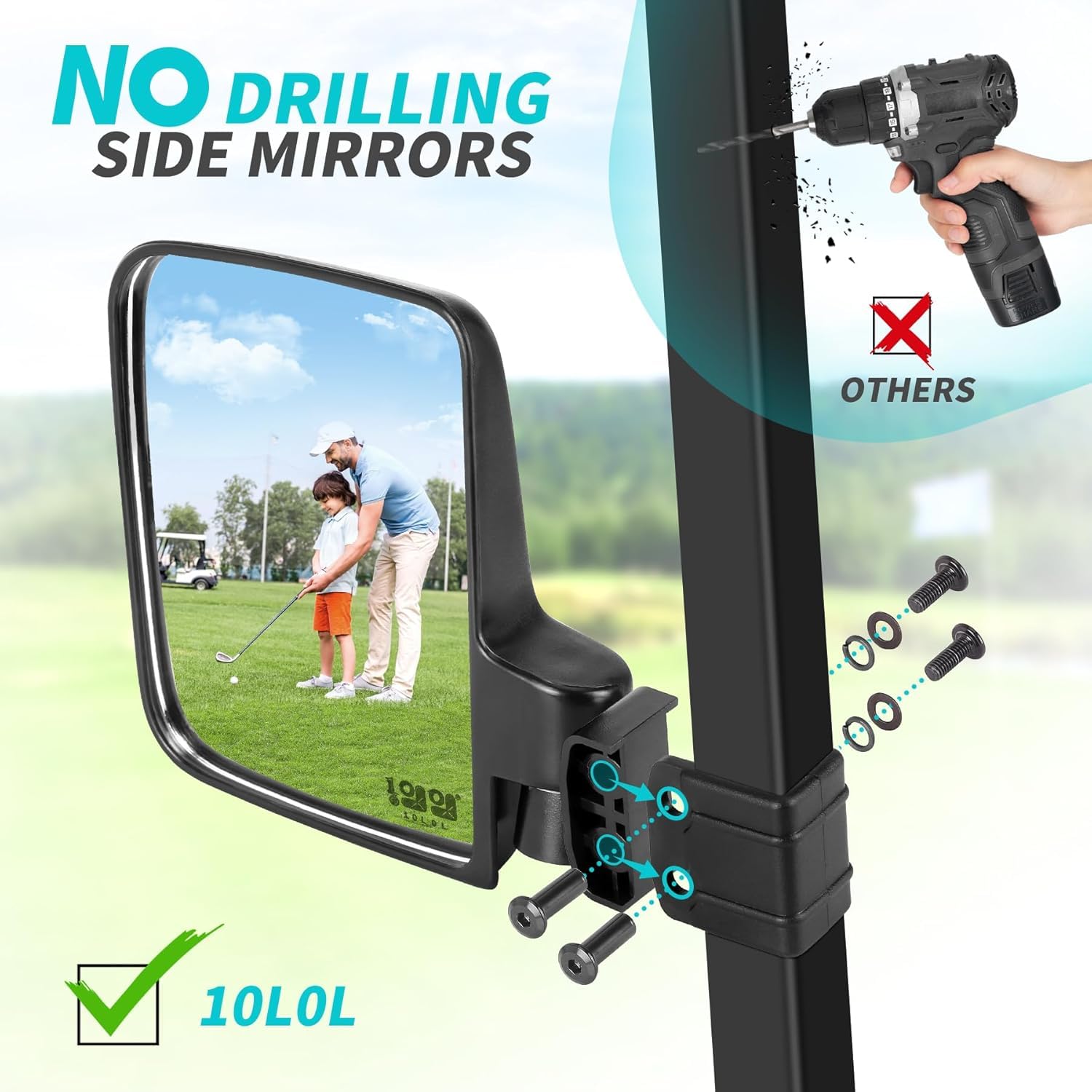 10L0L Golfwagen-Spiegel-Sets – ohne Bohren Seitenspiegel, Weitwinkel-Rückspiegel, verstellbar, HD-Glas, universell für Yamaha Club, Auto, EZGO