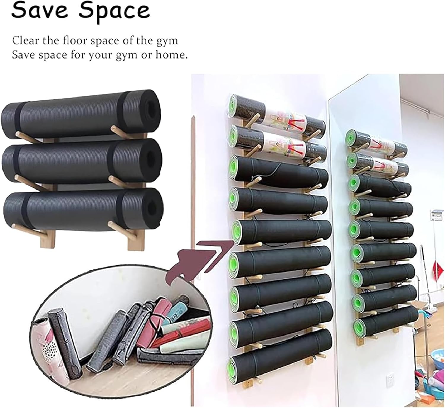 Wall-Mounted Wooden Yoga Mat Storage Rack - Multi-Layer Fitness Equipment Shelf with 17cm Spacing, Ideal for Foam Rollers & Fitness Accessories Display image 5