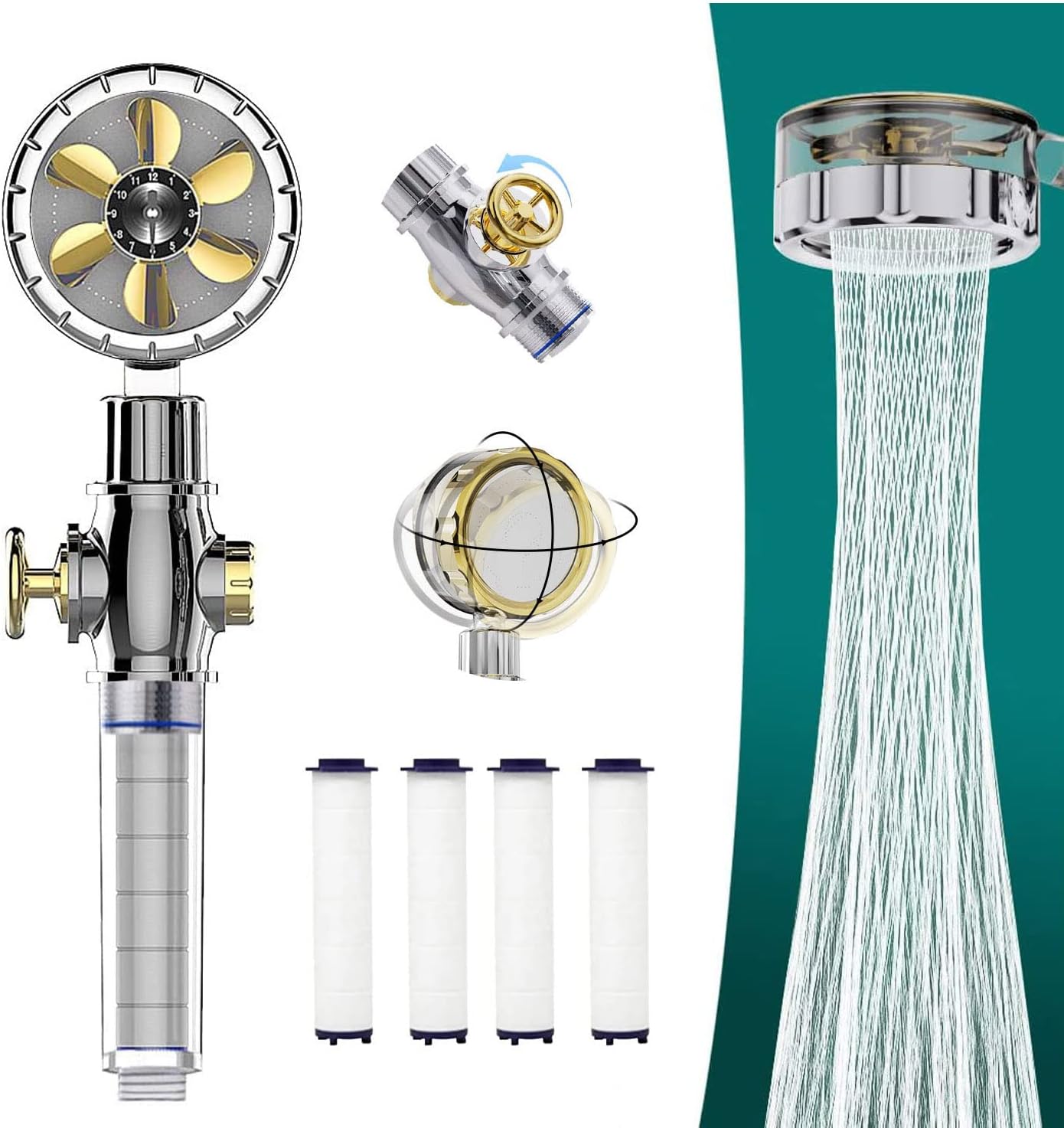 AiTUREHigh Pressure Shower Heads with Roulette Turbo Fan Regulation,360 Degrees Rotating Hydro Jet Turbo Shower Head with 4 Filters Turbocharged Showerhead (Silver)