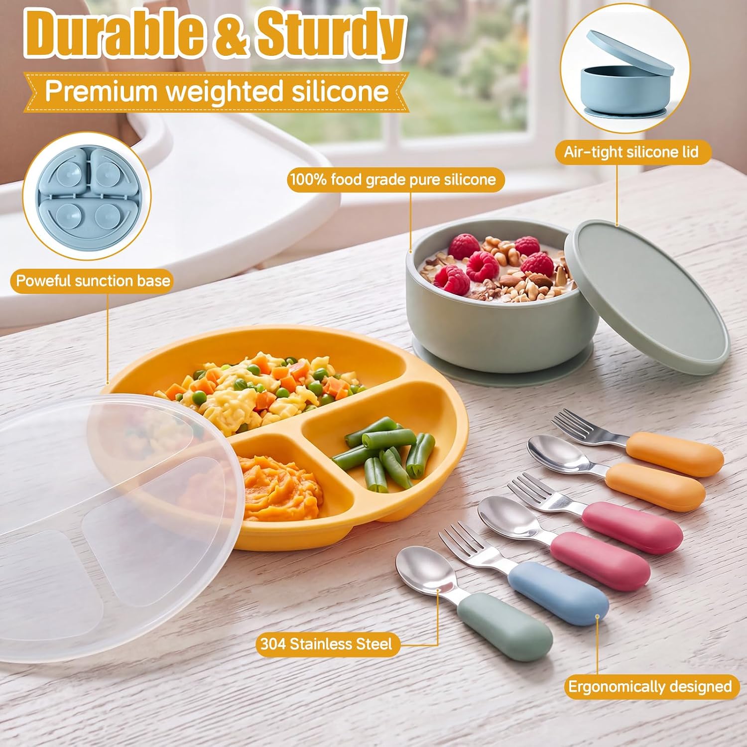 16 Pcs Silicone Toddler Plates and Bowls with Lids Forks Spoons
