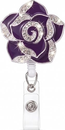 Badge Reel for Nurse Medical, Bling Camellia Flower Retractable ID Holder for Nurses Doctor Occupational Therapy Gifts Funny Badge Holder for Teachers Students Employees (Purple)