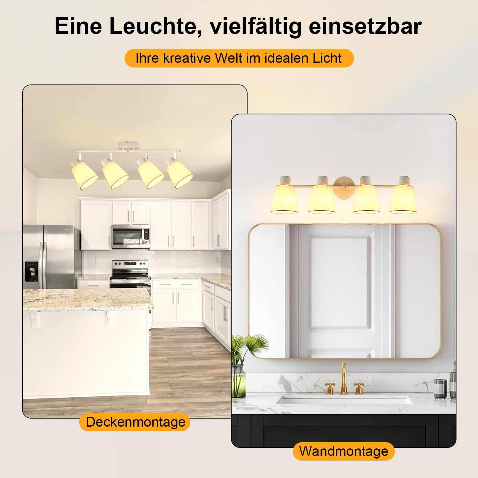 Deckenstrahler 4 Flammig Deckenlampe E27 Weiß | Deckenleuchte Schwenkbar 350°, Leinen Lampenschirm, für Wohnzimmer, Flur, Küche, Schlafzimmer, Ohne Leuchtmittel