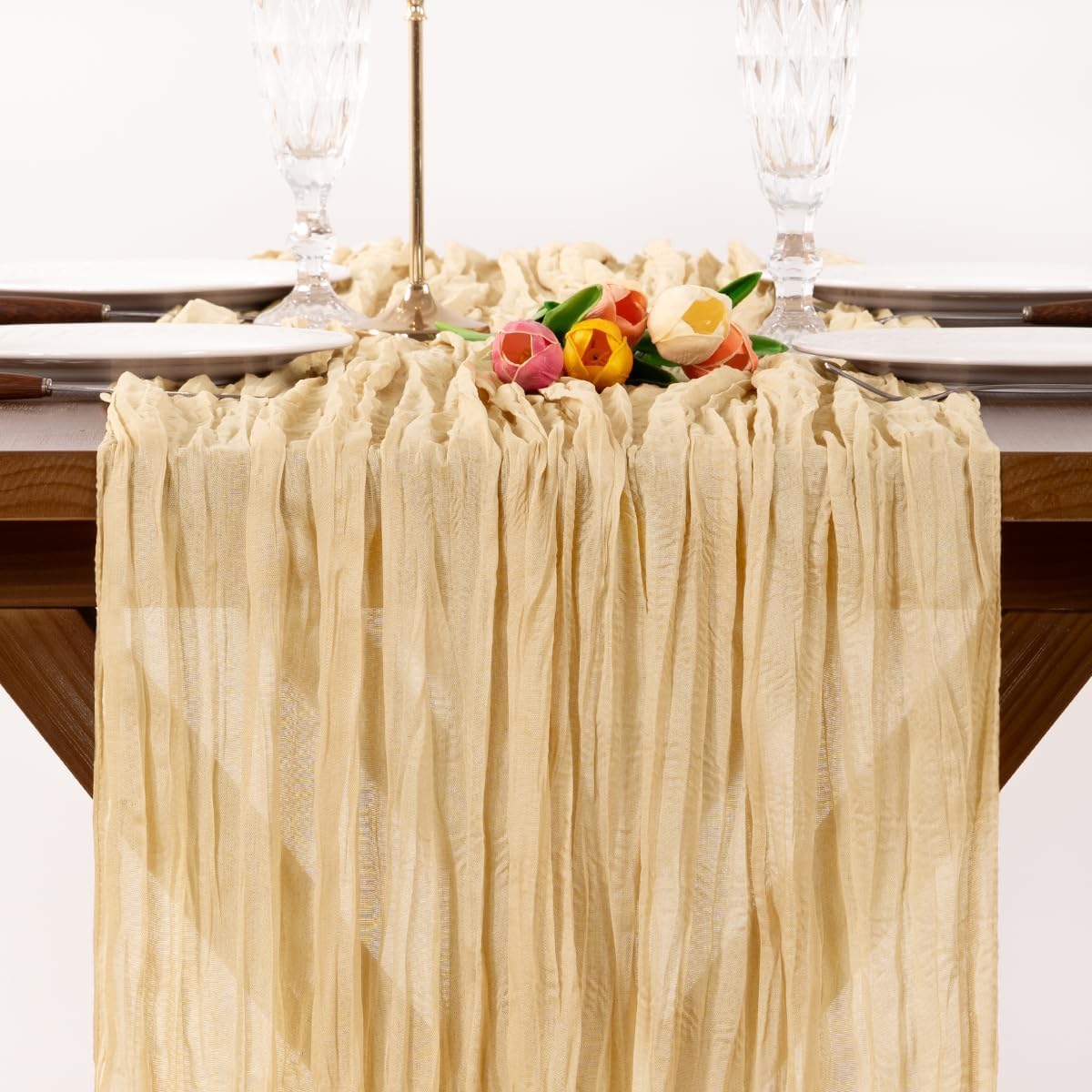 6 Pack Champagne Cheesecloth Table Runner 17×108 Inch Wrinkled | Sheer Boho Gauze Cheese Table Runner, for Summer Birthday Wedding, Bridal Baby Shower Holiday Home Decoration