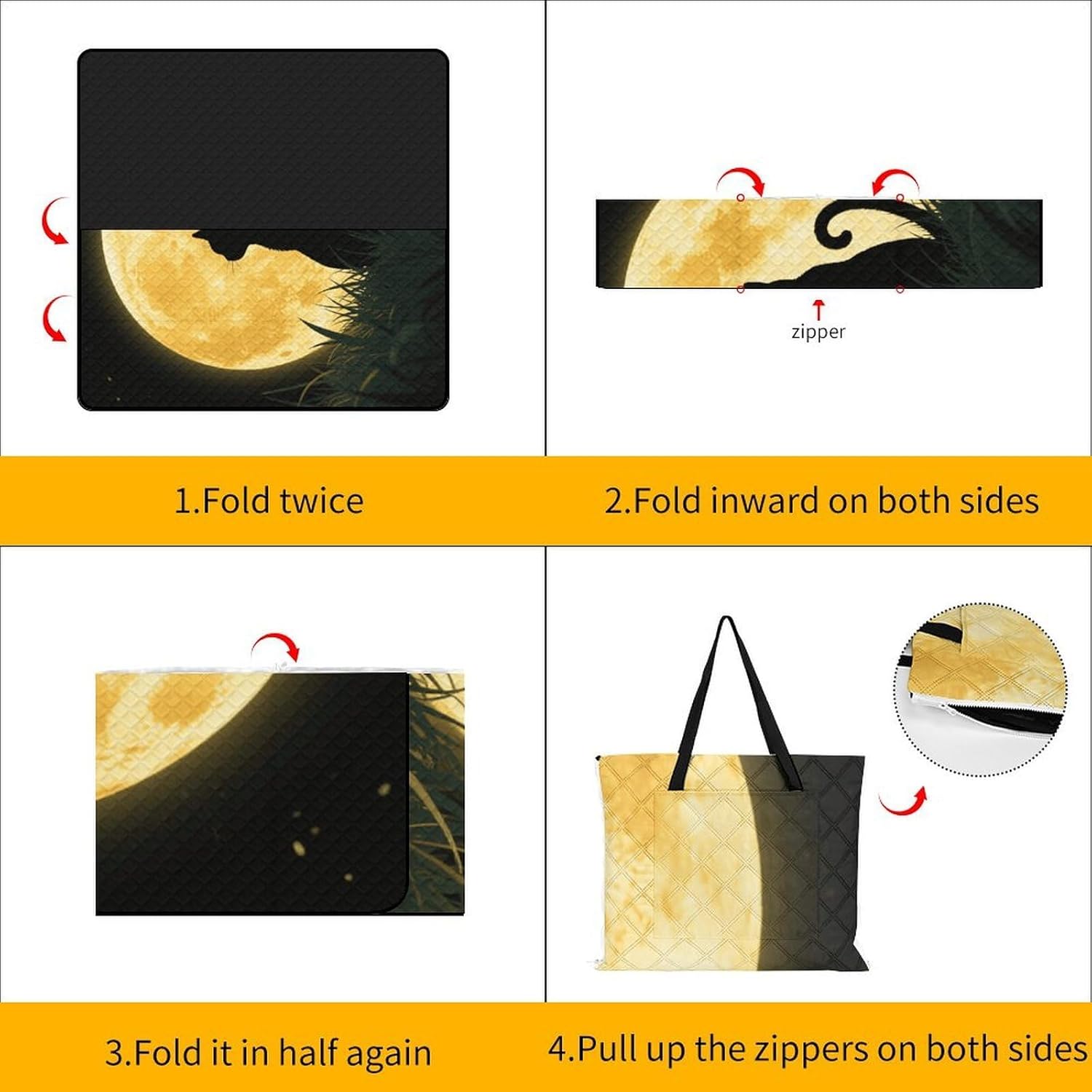 Full Moon Cat Sit in Grass Field Picnic Blanket 200x200cm, Foldable 2-in-1 Picnic Mat and Tote Bag Portable Waterproof Beach Mat Sandproof Outdoor Blanket for Park, Hiking, Beach, Camping, Travel