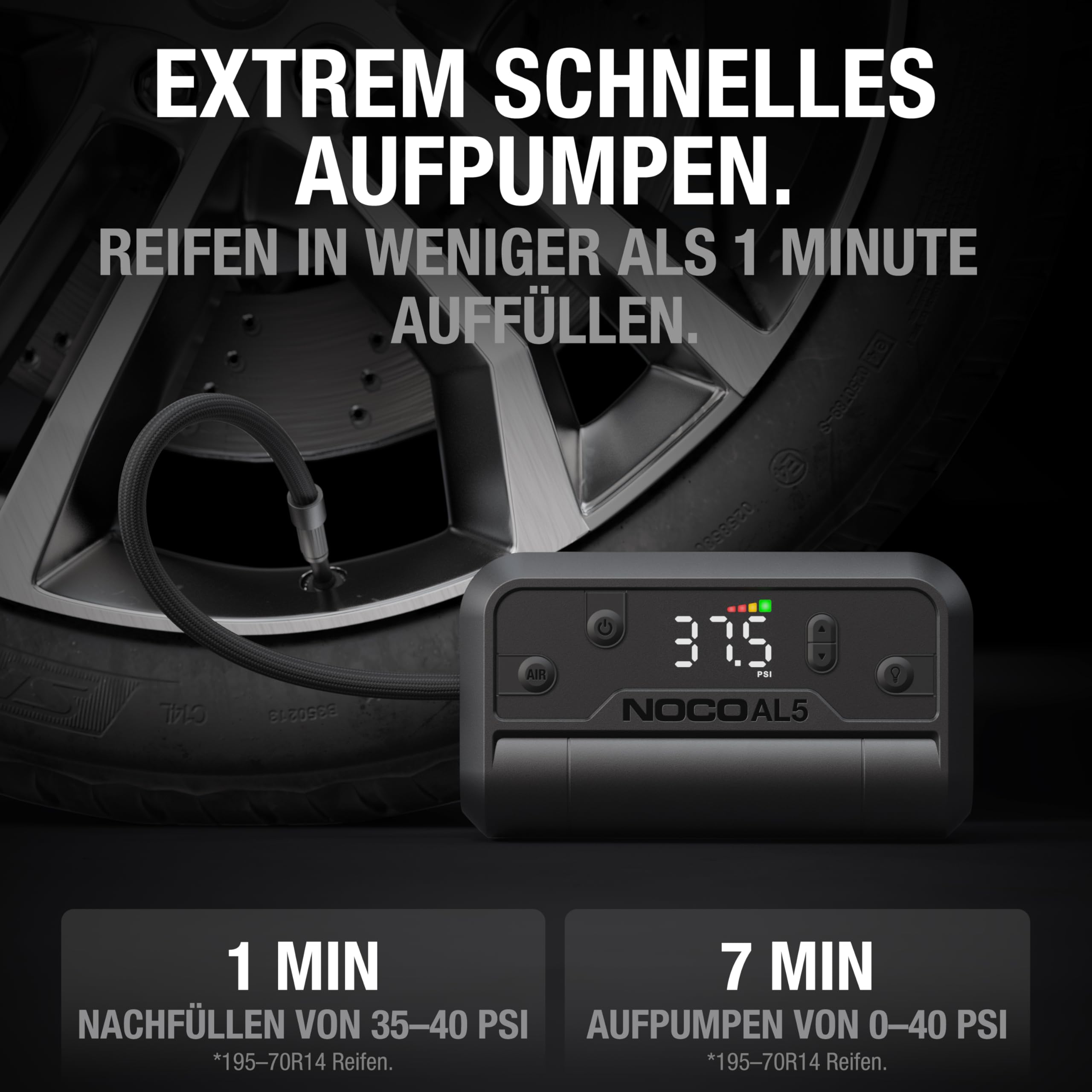 NOCO Air AL5: UltraSchnelle 5A Akku-Luftpumpe – Tragbarer Akku-Kompressor – 17 SLPM Luftstrom, 0–40 PSI in 7 Min – Digitales Manometer + automatische Abschaltung