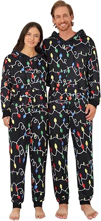 URMAGIC Matching Couple Pajamas Christmas Pajamas for Women Mens Adult Pjs Xmas One Piece Sleepwear Hooded Zipper Jumpsuit